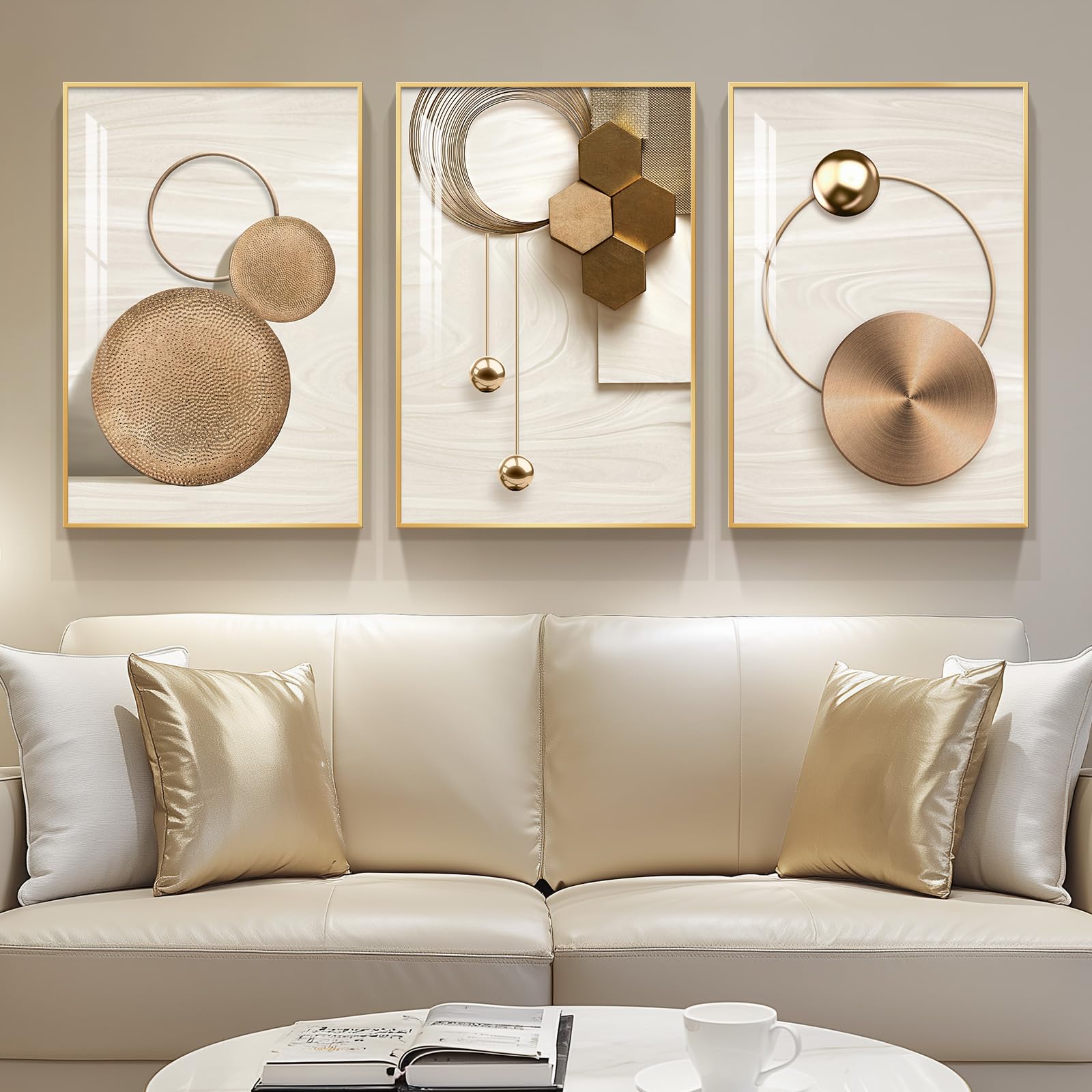 Large Framed Modern Luxury Gold Wall Art for Living Room, 3 Piece Bright Style Art Prints Paintings Artwork for Walls, Bronze Gold Geometric Pictures for Hallway Stair Office Wall Decor 24x36 In