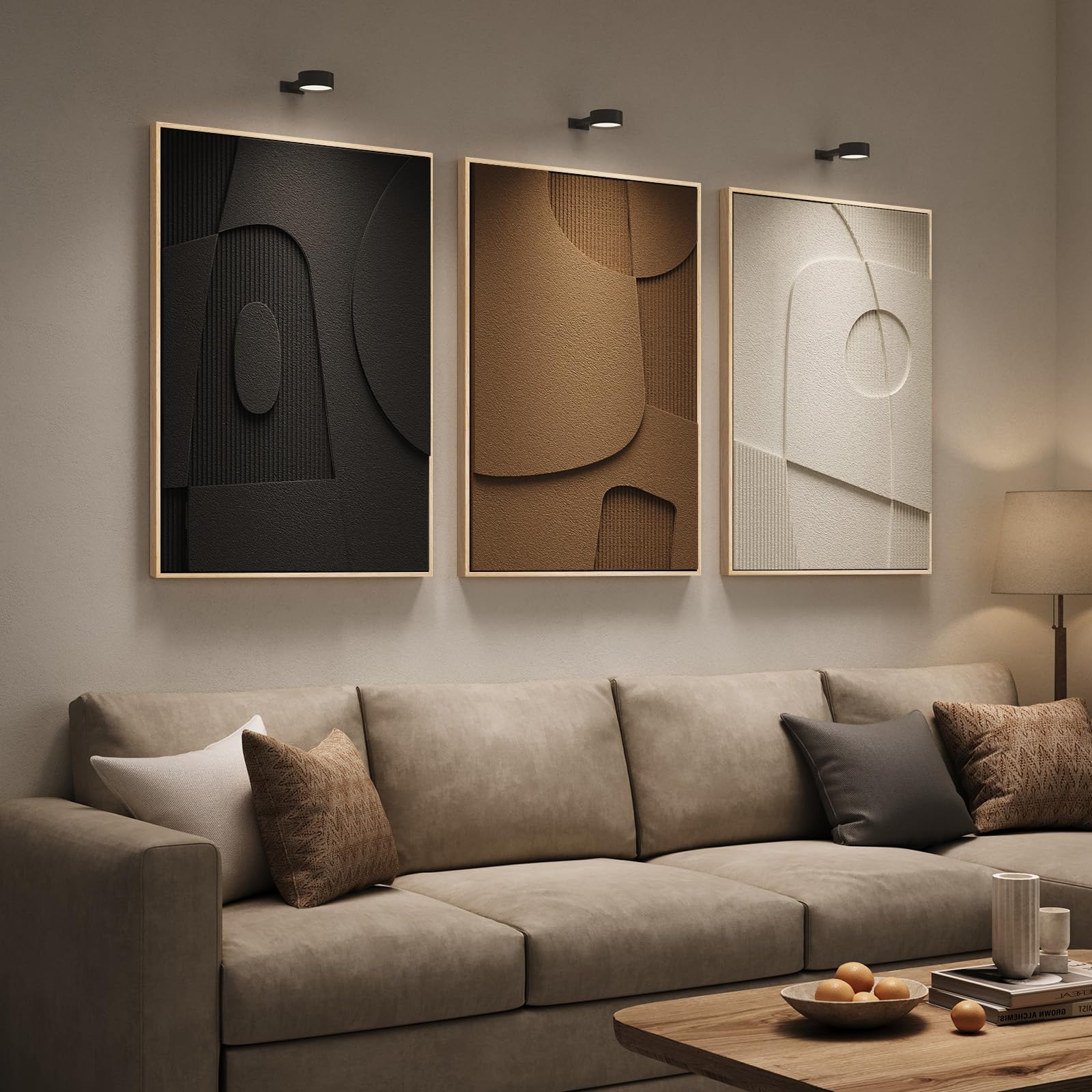 Large 3D Textured Framed Neutral Abstract Wall Art for Living Room, 3 Piece Modern Artwork for Walls, Minimalist White and Brown Geometric Wall Paintings for Hallway, Stair, Office Wall Decor 24x36 In