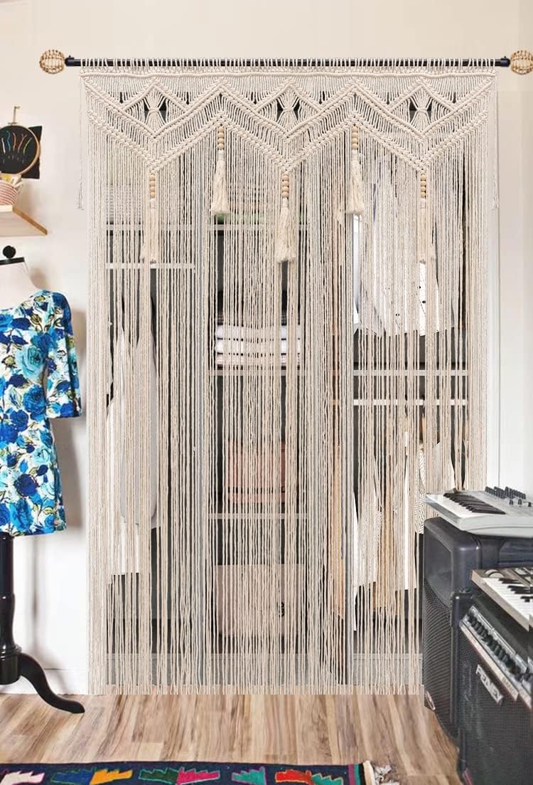 Boho Curtains for Bedroom Macrame for Windows Living Room Boho Decor Large Macrame Wall Hanging Beaded Curtain for Doorway Closet Curtains Wedding Backdrop, 1 Panel 52''W x 72''L