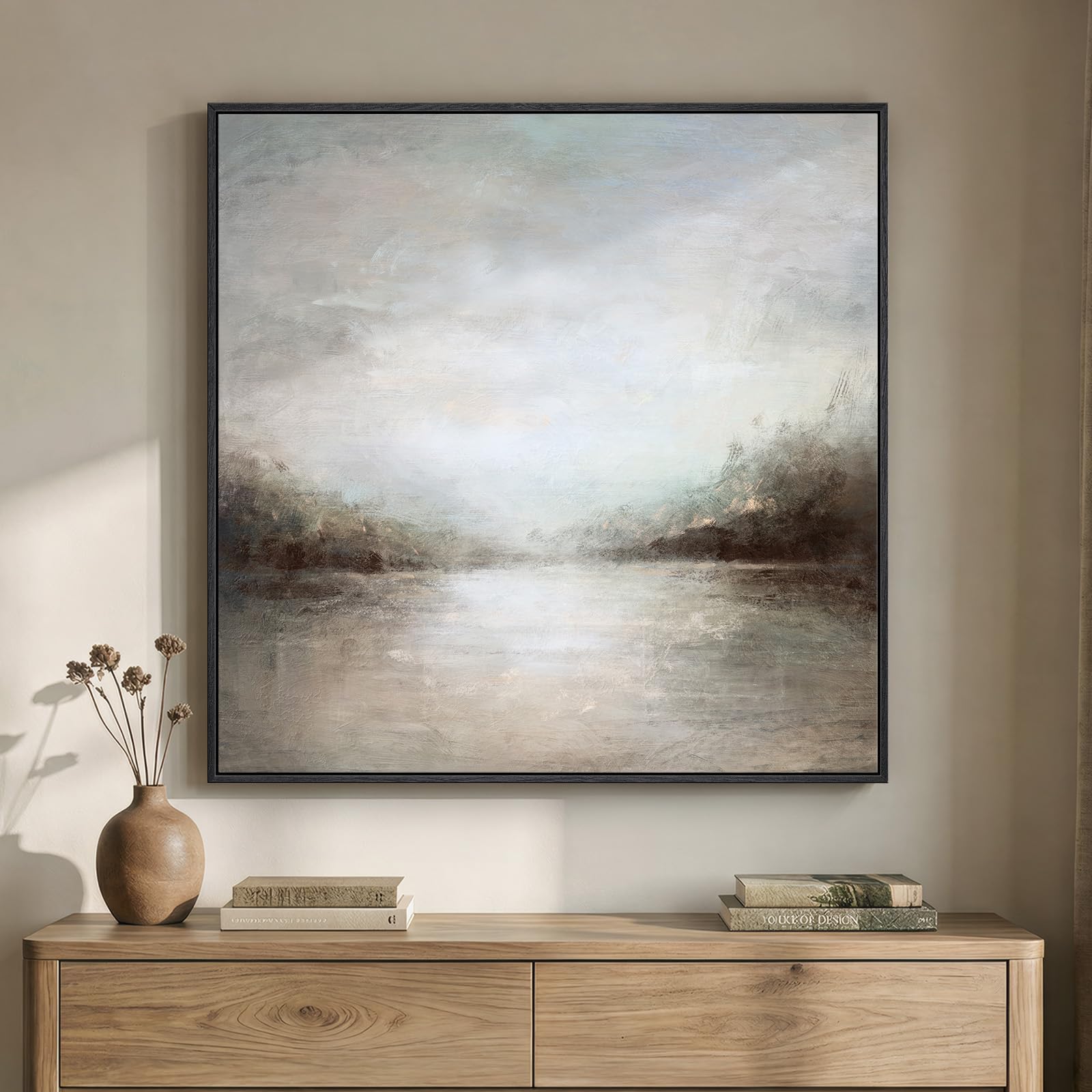 Framed Sage Green Abstract Wall Art, Modern Canvas Prints Artwork for Walls, Square Minimalist All Green Abstract Pictures for Living Room, Hallway, Fireplace, Bedroom, Home Office Wall Decor 30x30 In