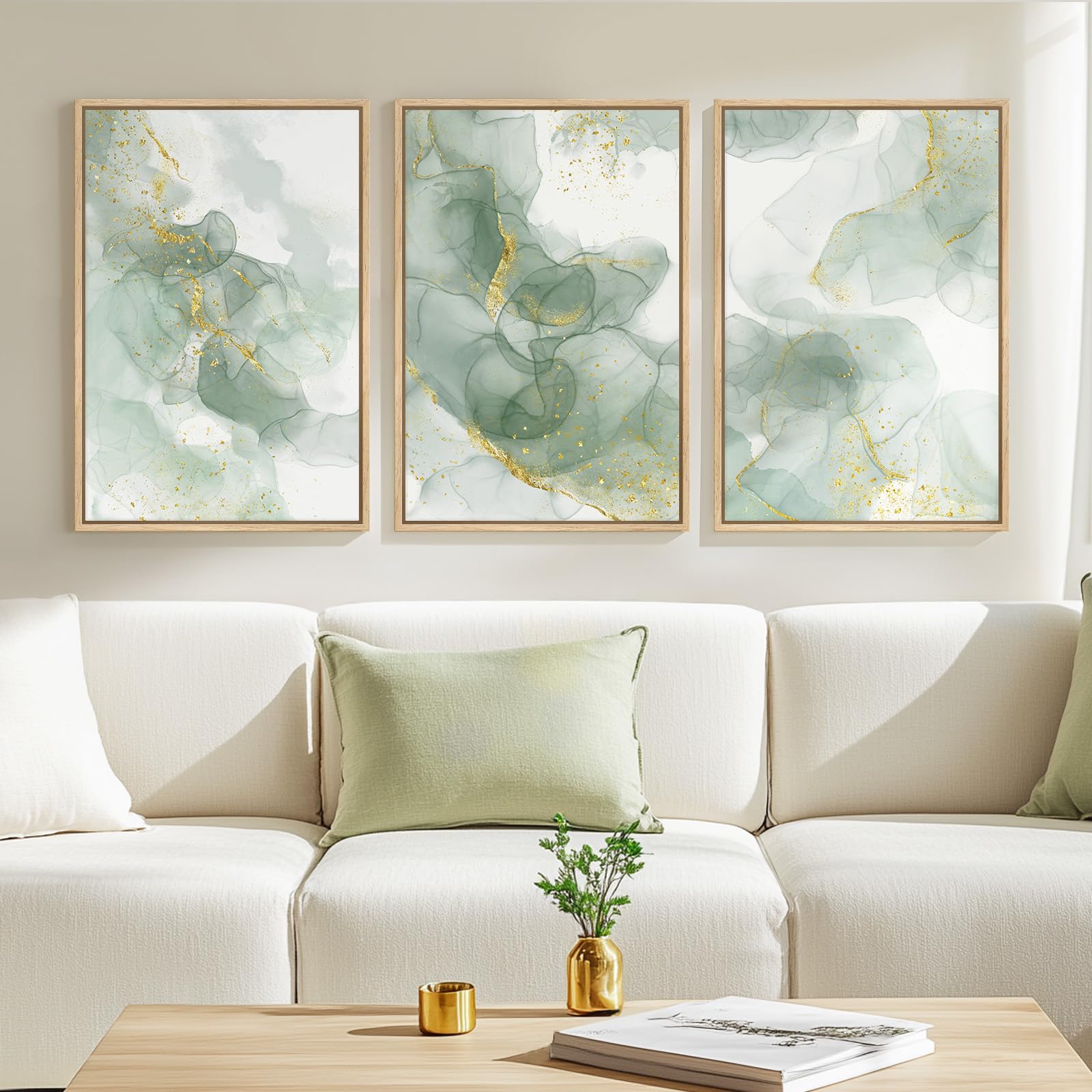 Large Framed Abstract Nature Landscape Wall Art for Living Room, Set of 3 Modern Canvas Prints Paintings Artwork for Walls, Green Lake Pictures for Hallway, Dining Room, Office Wall Decor 24x36 Inch