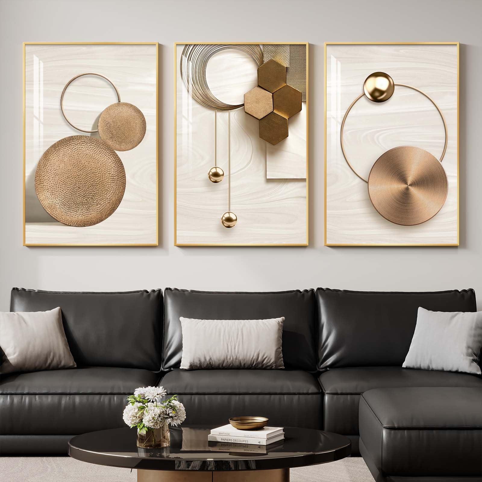 Large Framed Modern Luxury Gold Wall Art for Living Room, 3 Piece Bright Style Art Prints Paintings Artwork for Walls, Bronze Gold Geometric Pictures for Hallway Stair Office Wall Decor 24x36 In