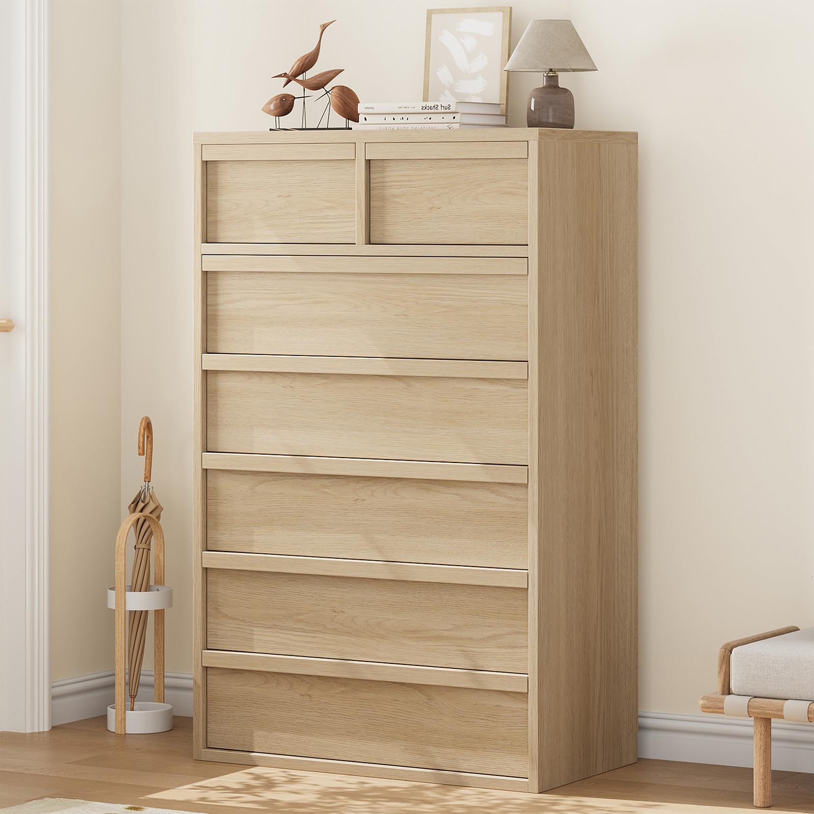 GarveeHome 7 Drawer Dresser for Bedroom, 54in Wide Natural Oak 7 Chest of Drawers with Large Storage, Wooden Dresser Organizer Closet for Living Room, Entryway, Nursery