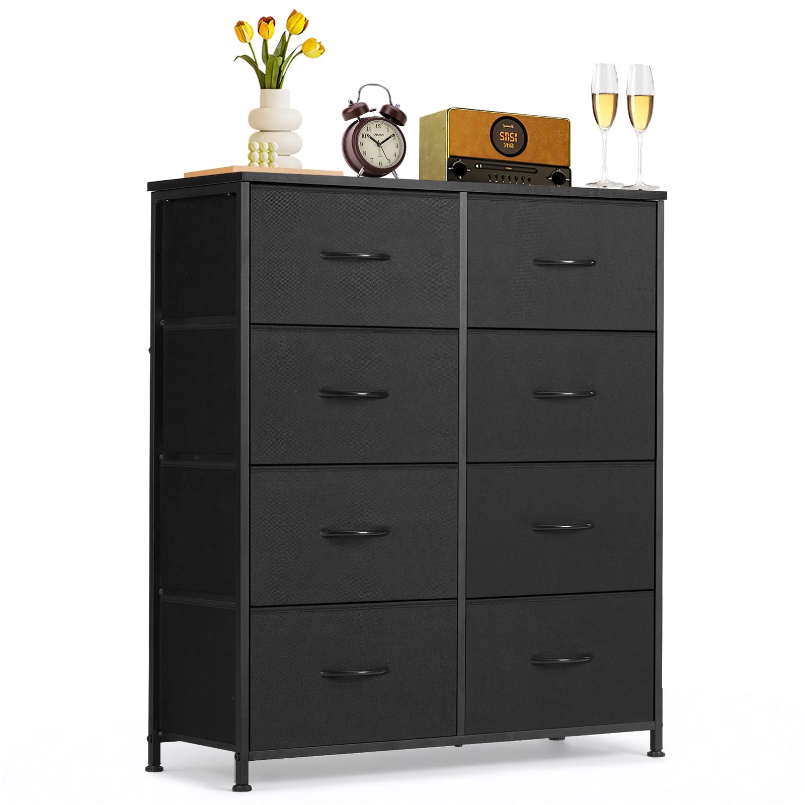 9-Drawer Dresser for Bedroom, Anti-Tip Tall Storage Organizer Chest of Drawers with Wooden Top and Metal Frame Fabric Bins for Closet, Living Room, Hallway, Entryway, White