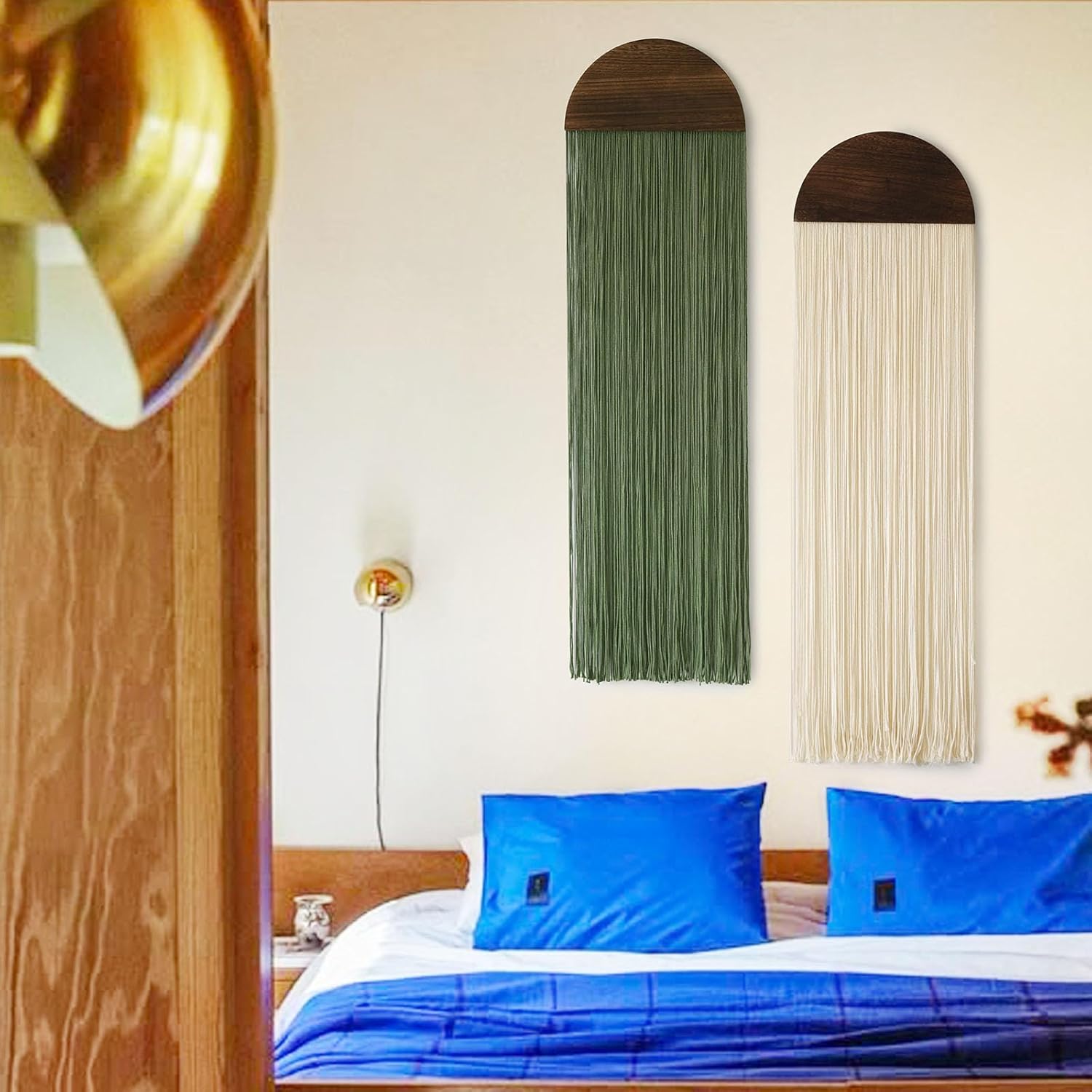 2Pcs Boho Macrame Wall Hanging Tapestry with Round Tassel
