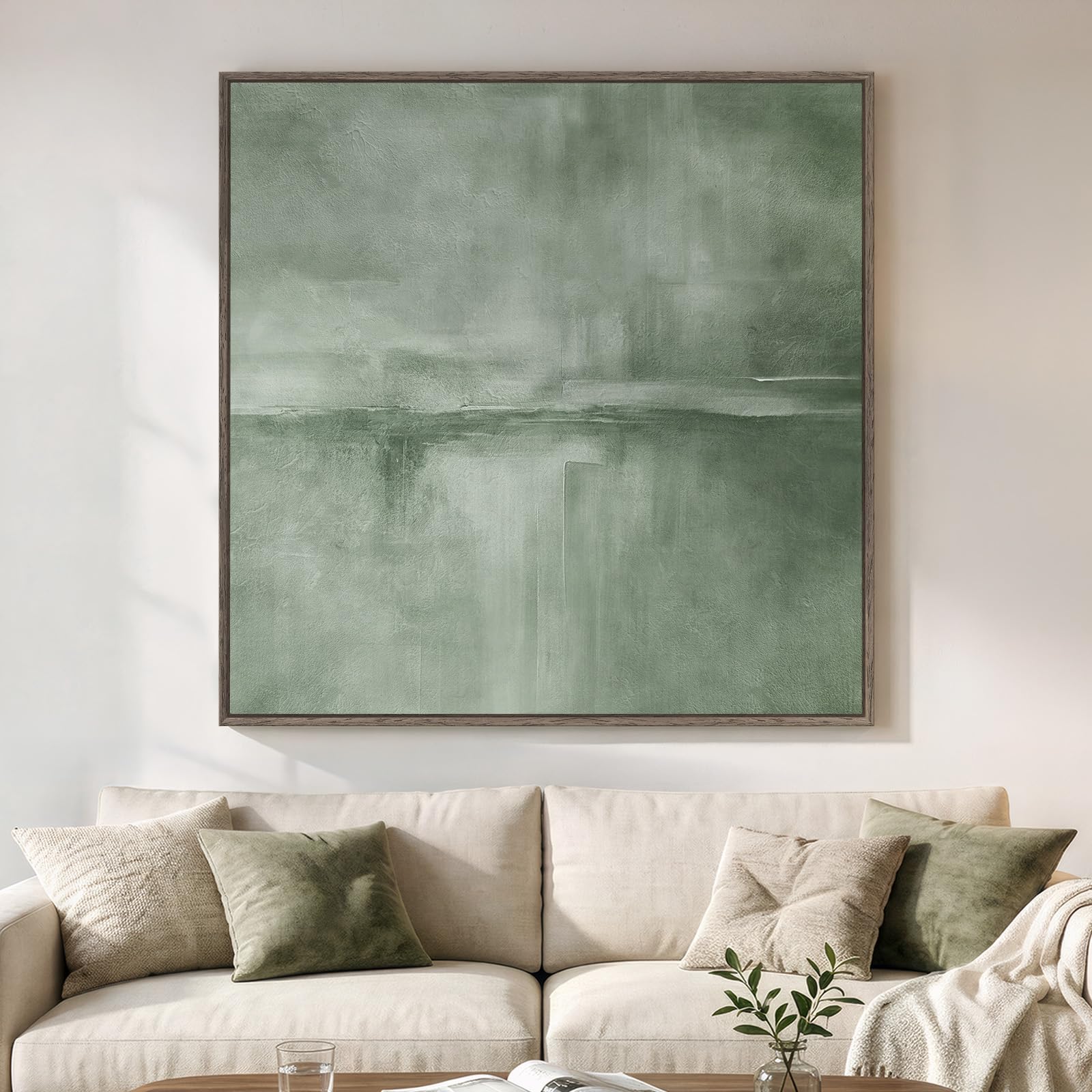 Framed Sage Green Abstract Wall Art, Modern Canvas Prints Artwork for Walls, Square Minimalist All Green Abstract Pictures for Living Room, Hallway, Fireplace, Bedroom, Home Office Wall Decor 30x30 In