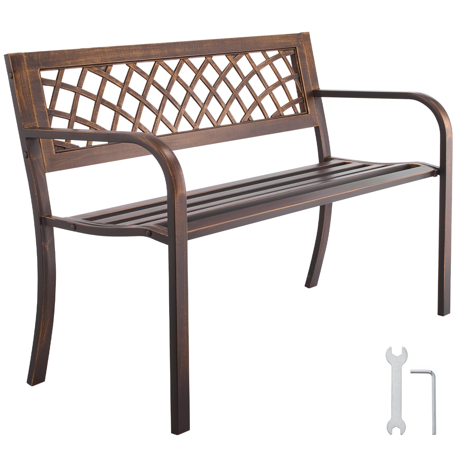 VEVOR Outdoor Bench, 46" Iron Steel Frame Garden Park Bench with Mesh Pattern and Plastic Backrest Armrests, Patio Bench for Garden, Park, Yard, Front Porch