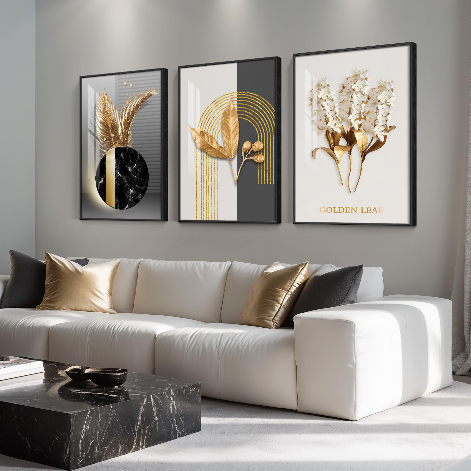 Large Framed Modern Luxury Gold Wall Art for Living Room, 3 Piece Bright Style Art Prints Paintings Artwork for Walls, Bronze Gold Geometric Pictures for Hallway Stair Office Wall Decor 24x36 In