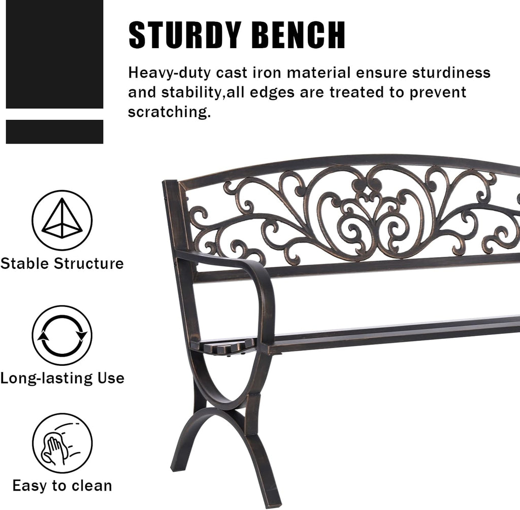 50 Inch Bronze Cast Iron Garden Bench with Floral Backrest
