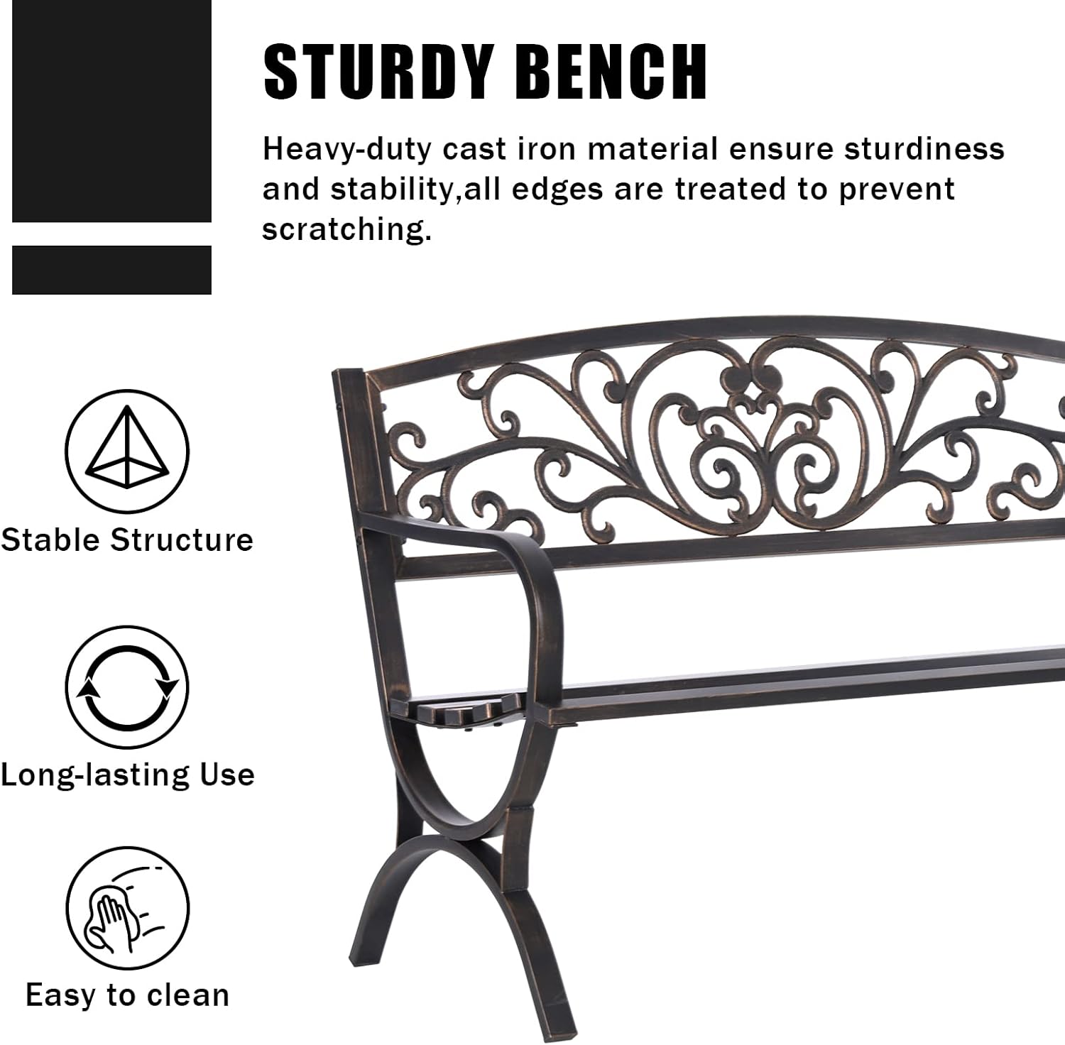 50 Inch Bronze Cast Iron Garden Bench with Floral Backrest