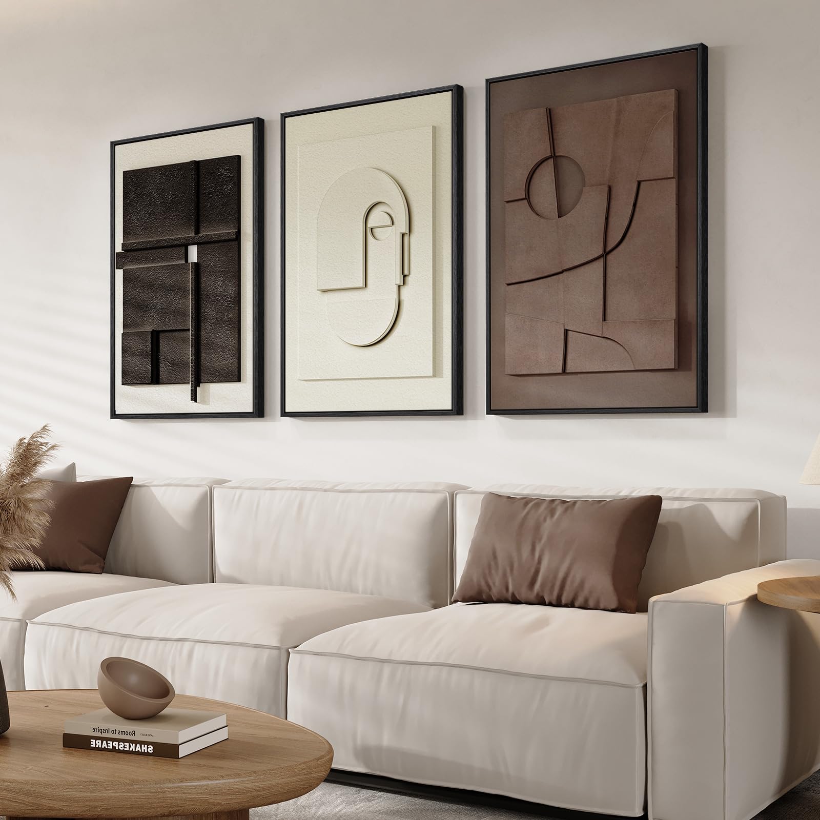 Framed Abstract 3D Textured Wall Art for Living Room, 3 Piece Modern Neutral Artwork for Walls, Brown White Geometric Sandstone Textured Painting for Bedroom, Home Office Decor-Total Size 30x60 Inch