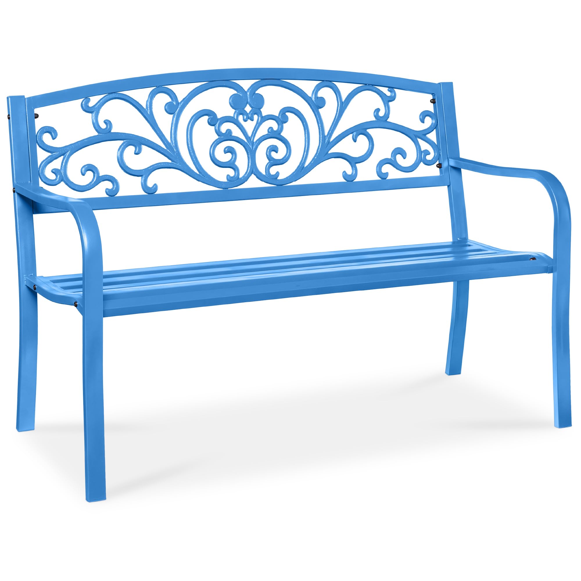 Best Choice Products Outdoor Bench Steel Garden Patio Porch Furniture for Lawn, Park, Deck w/Floral Design Backrest, Slatted Seat - Sky Blue