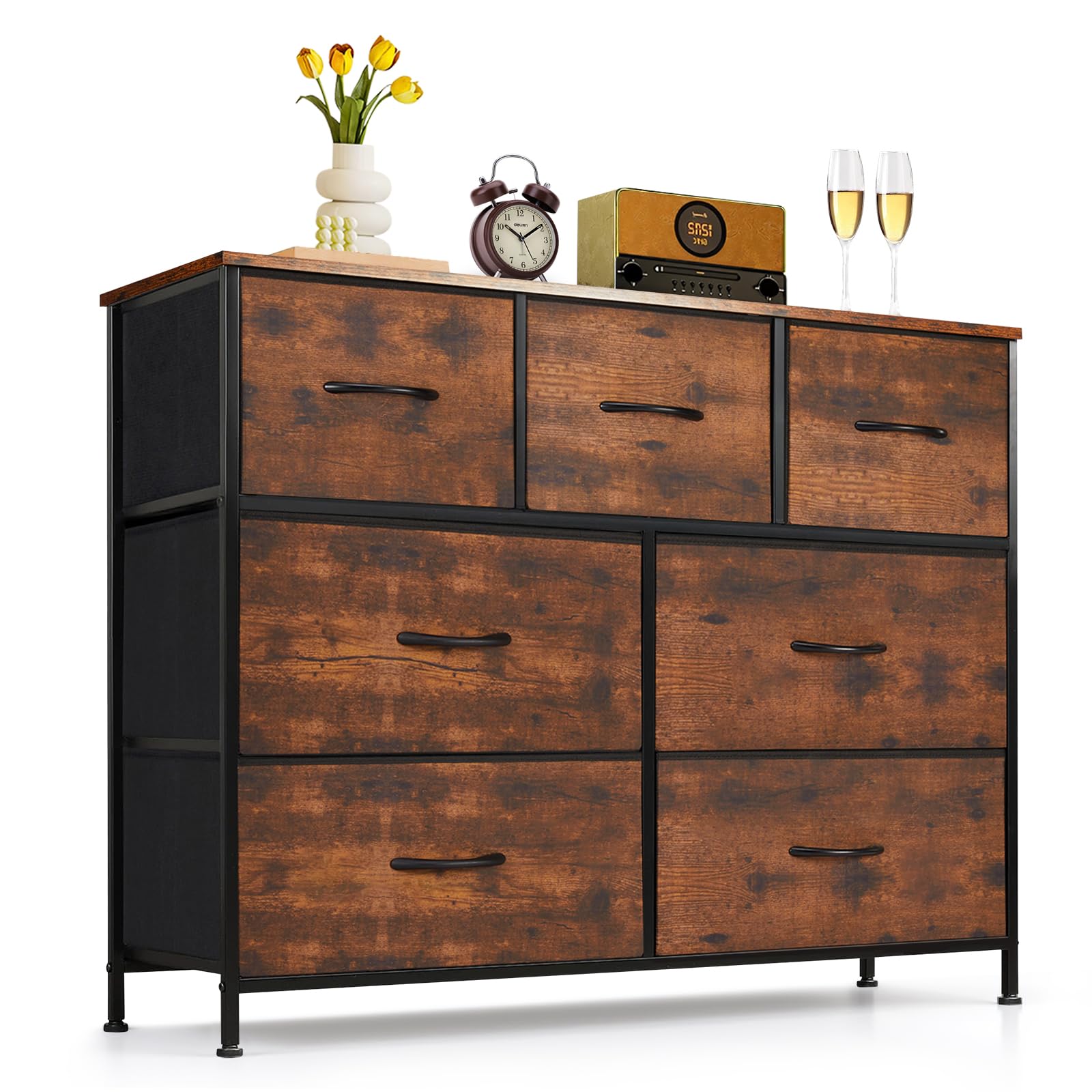 9-Drawer Dresser for Bedroom, Anti-Tip Tall Storage Organizer Chest of Drawers with Wooden Top and Metal Frame Fabric Bins for Closet, Living Room, Hallway, Entryway, White