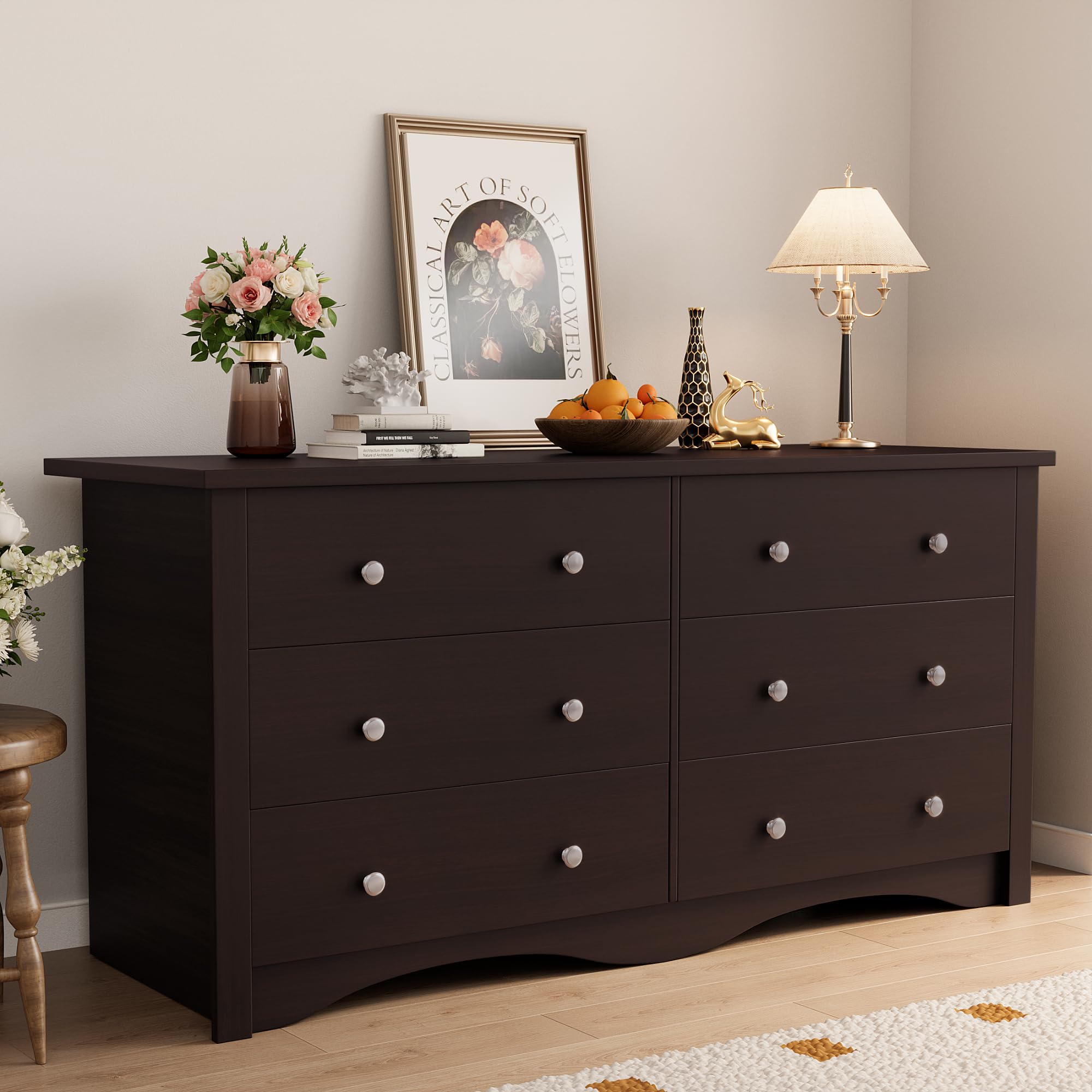 Shahoo Black Dresser for Bedroom with 6 Drawers, 47.2" Wide Chest Storage Organizer and TV Stand for Living Room, Closet, Hallway, Dormitory