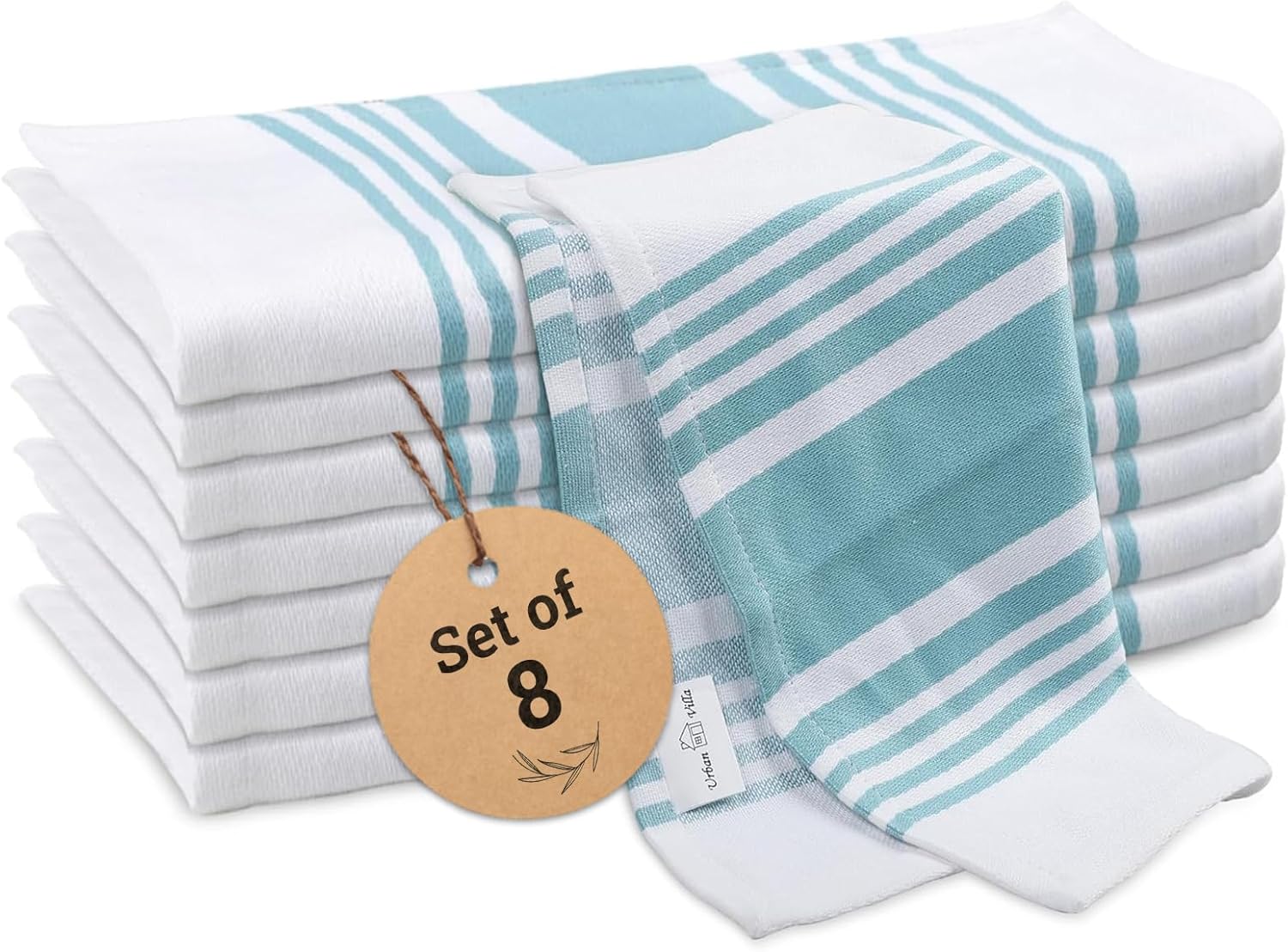 Urban Villa Kitchen Towels 100% Cotton Dish Towels for Kitchen (Set of 6) 20”x30” Dish Cloths Highly Absorbent Kitchen Linen Set with Hanging Loop Perfect for Drying Dishes Cleaning Towels-Blue White