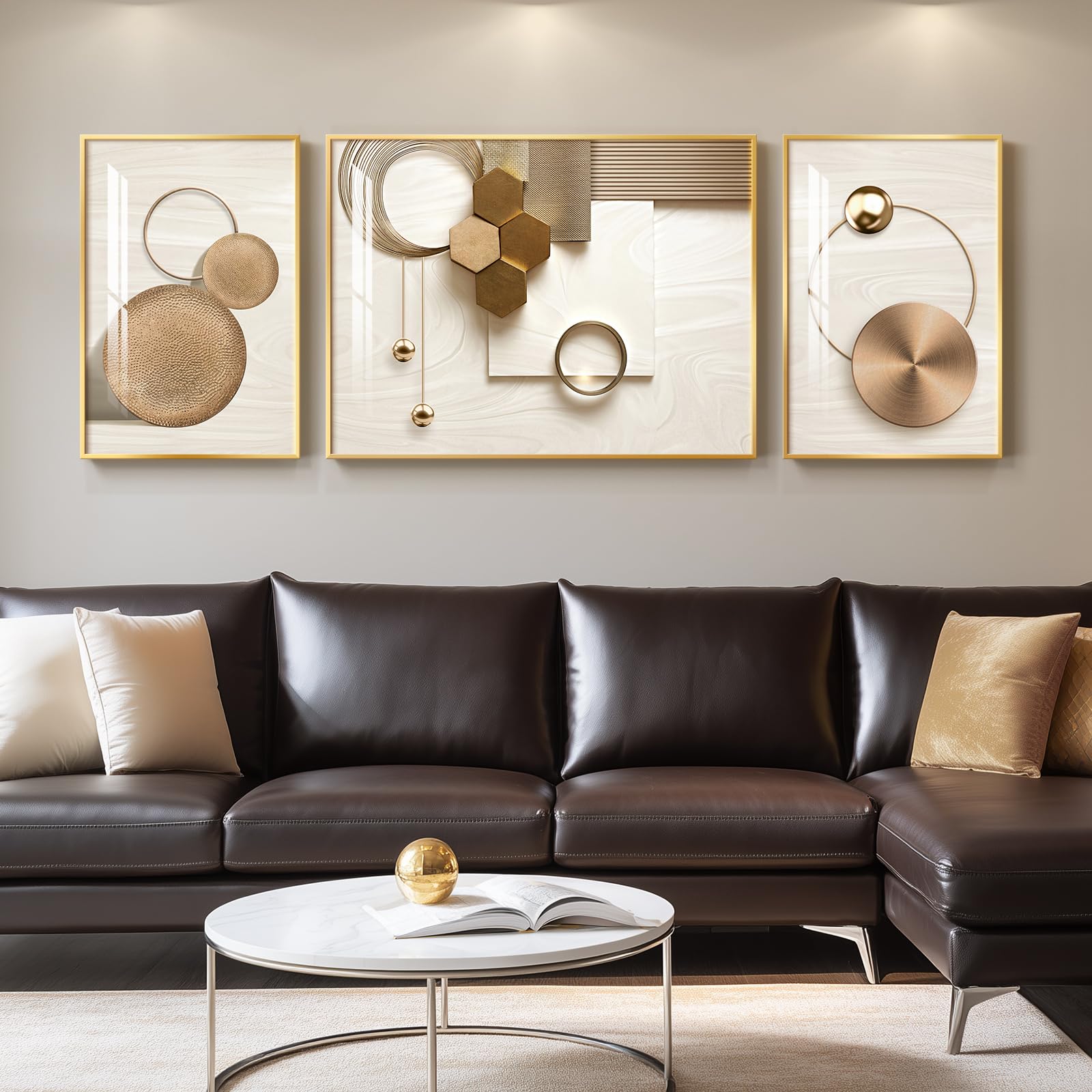 Large Framed Modern Luxury Gold Wall Art for Living Room, 3 Piece Bright Style Art Prints Paintings Artwork for Walls, Bronze Gold Geometric Pictures for Hallway Stair Office Wall Decor 24x36 In