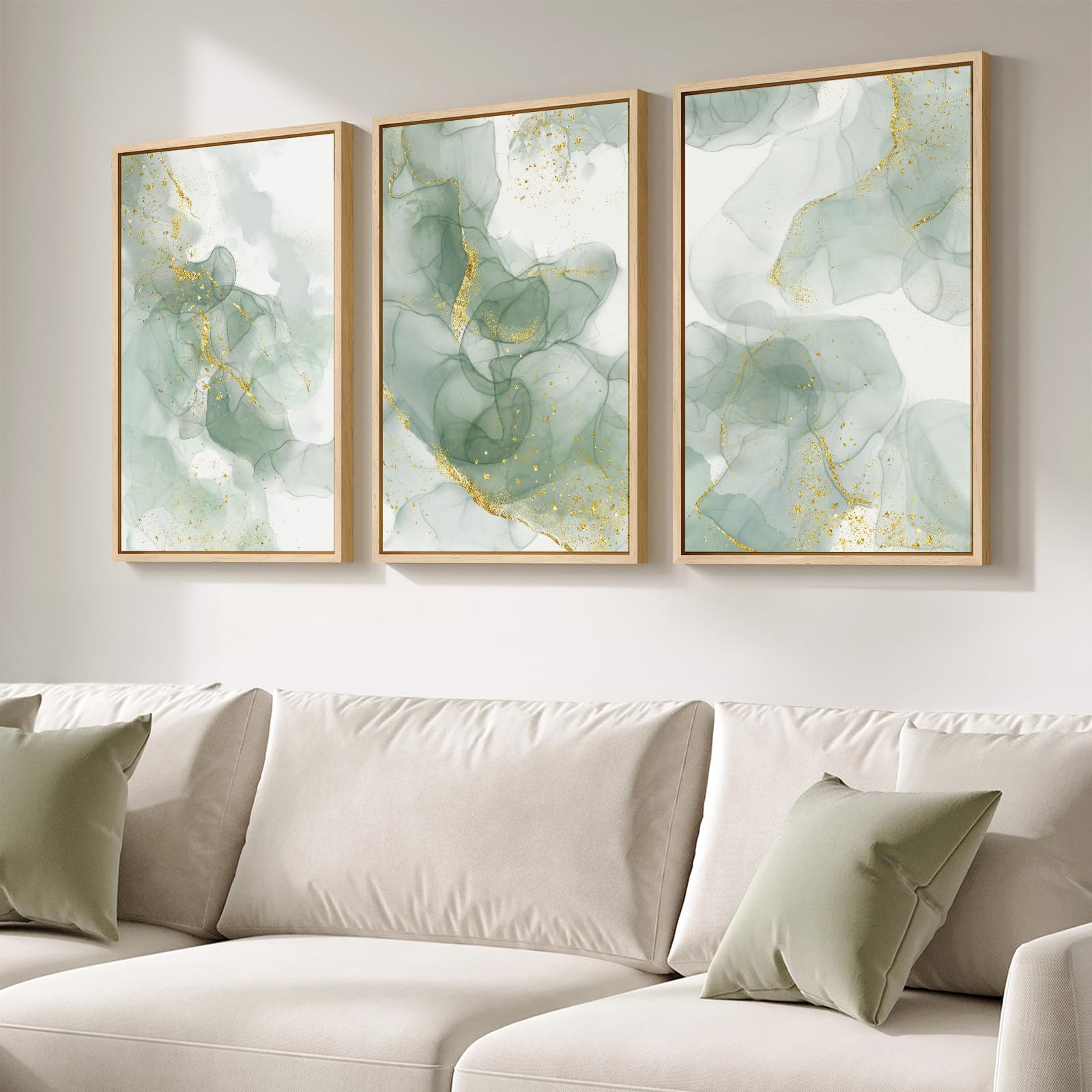 Large Framed Abstract Nature Landscape Wall Art for Living Room, Set of 3 Modern Canvas Prints Paintings Artwork for Walls, Green Lake Pictures for Hallway, Dining Room, Office Wall Decor 24x36 Inch