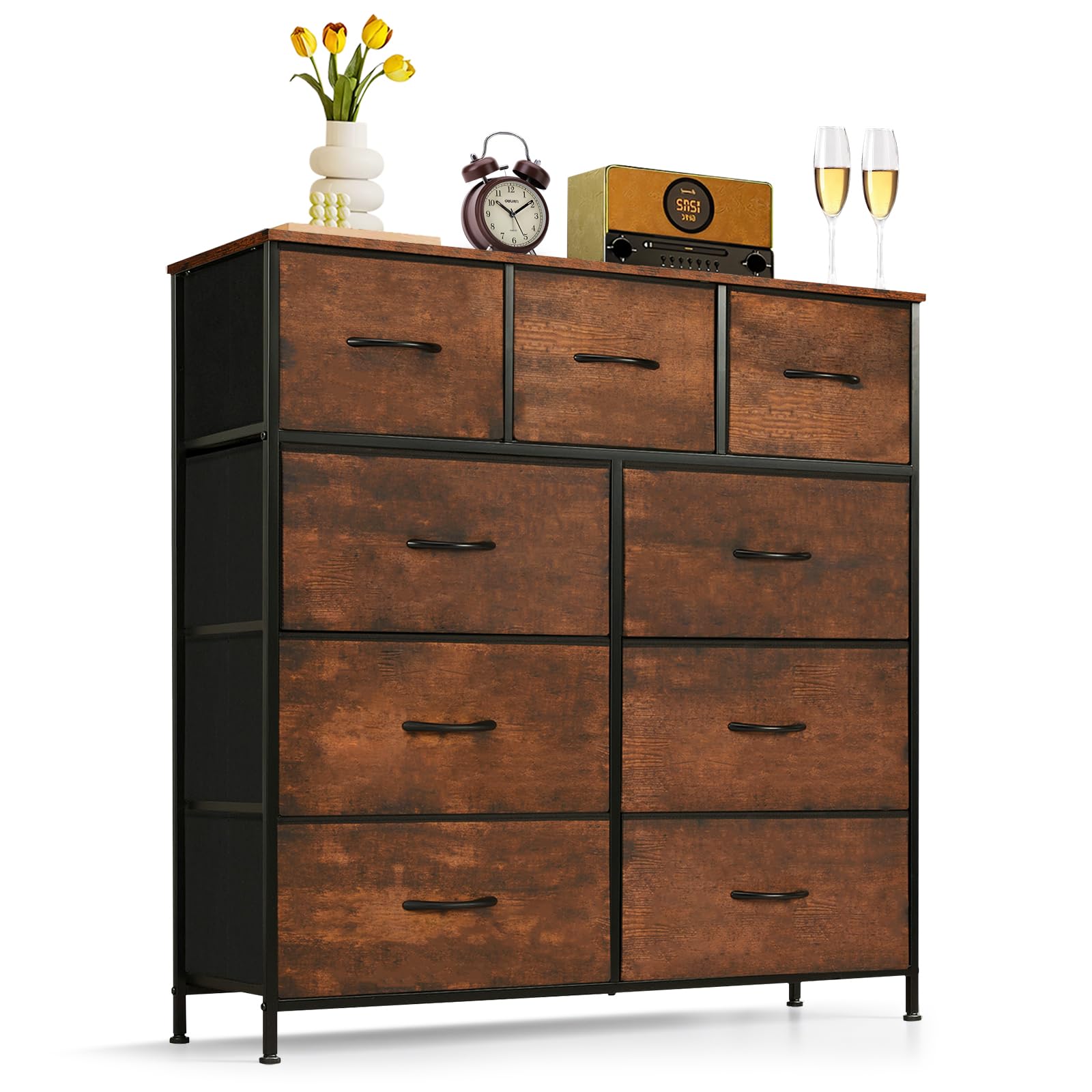 9-Drawer Dresser for Bedroom, Anti-Tip Tall Storage Organizer Chest of Drawers with Wooden Top and Metal Frame Fabric Bins for Closet, Living Room, Hallway, Entryway, White