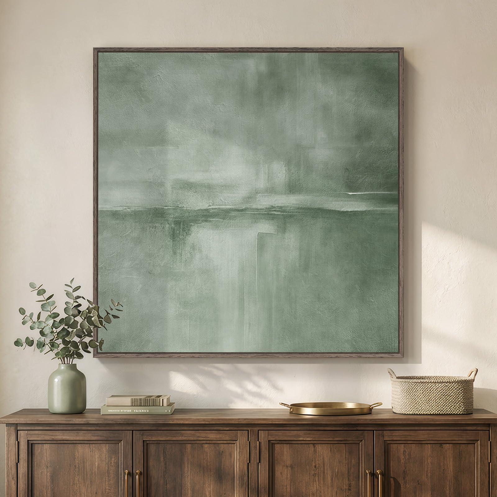 Framed Sage Green Abstract Wall Art, Modern Canvas Prints Artwork for Walls, Square Minimalist All Green Abstract Pictures for Living Room, Hallway, Fireplace, Bedroom, Home Office Wall Decor 30x30 In