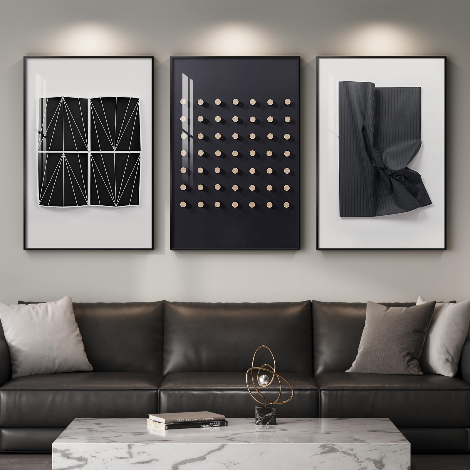Large Framed Modern Luxury Gold Wall Art for Living Room, 3 Piece Bright Style Art Prints Paintings Artwork for Walls, Bronze Gold Geometric Pictures for Hallway Stair Office Wall Decor 24x36 In