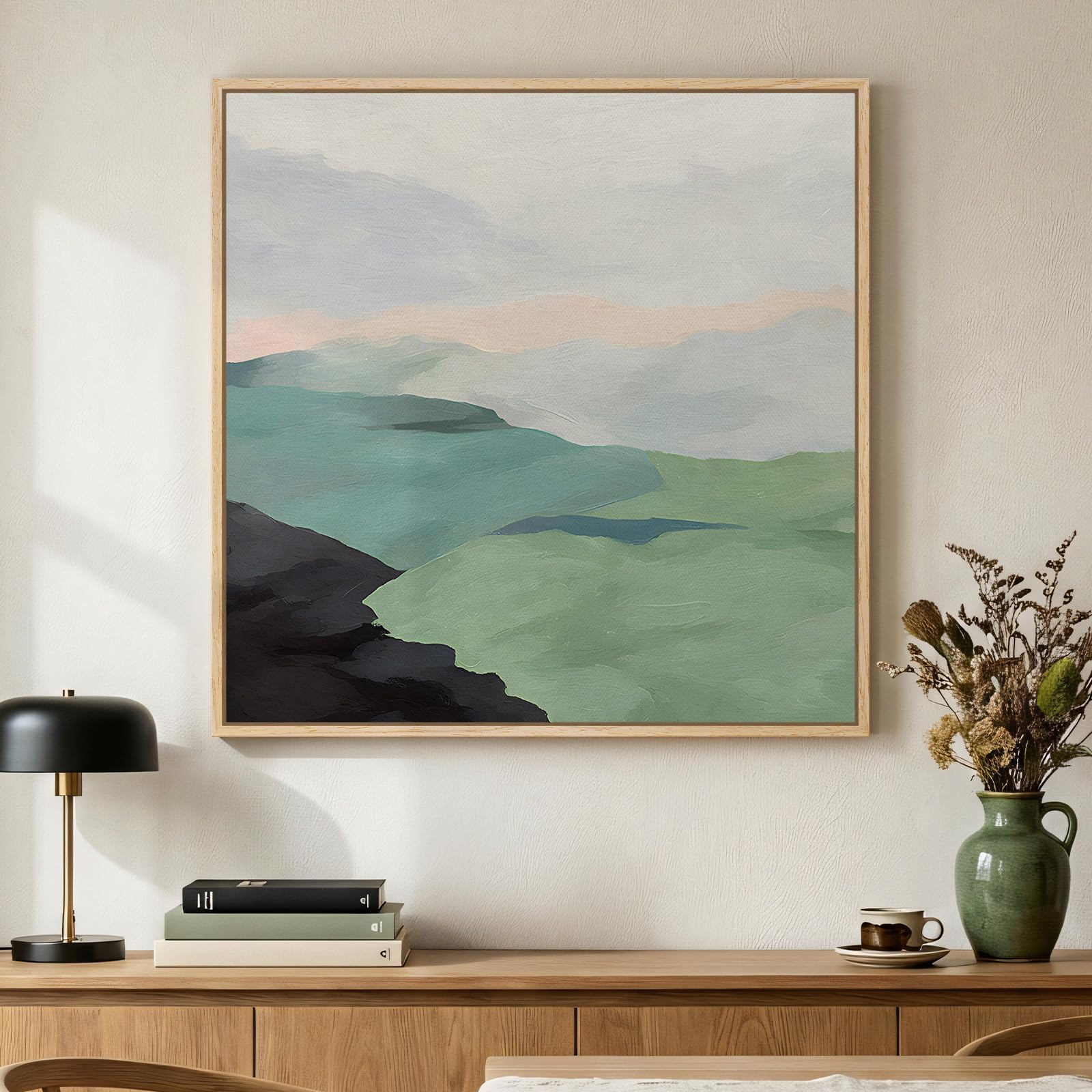 Framed Sage Green Abstract Wall Art, Modern Canvas Prints Artwork for Walls, Square Minimalist All Green Abstract Pictures for Living Room, Hallway, Fireplace, Bedroom, Home Office Wall Decor 30x30 In