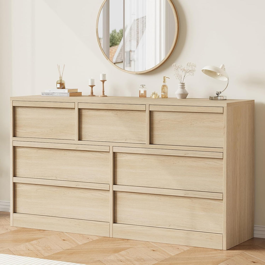 GarveeHome 7 Drawer Dresser for Bedroom, 54in Wide Natural Oak 7 Chest of Drawers with Large Storage, Wooden Dresser Organizer Closet for Living Room, Entryway, Nursery