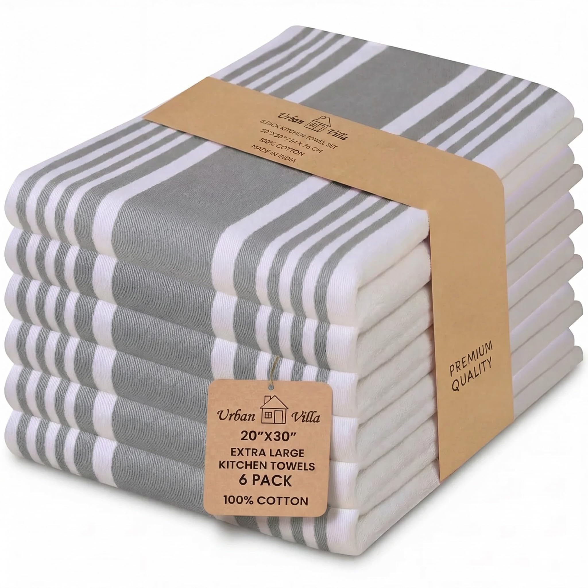 Urban Villa Kitchen Towels 100% Cotton Dish Towels for Kitchen (Set of 6) 20”x30” Dish Cloths Highly Absorbent Kitchen Linen Set with Hanging Loop Perfect for Drying Dishes Cleaning Towels-Blue White