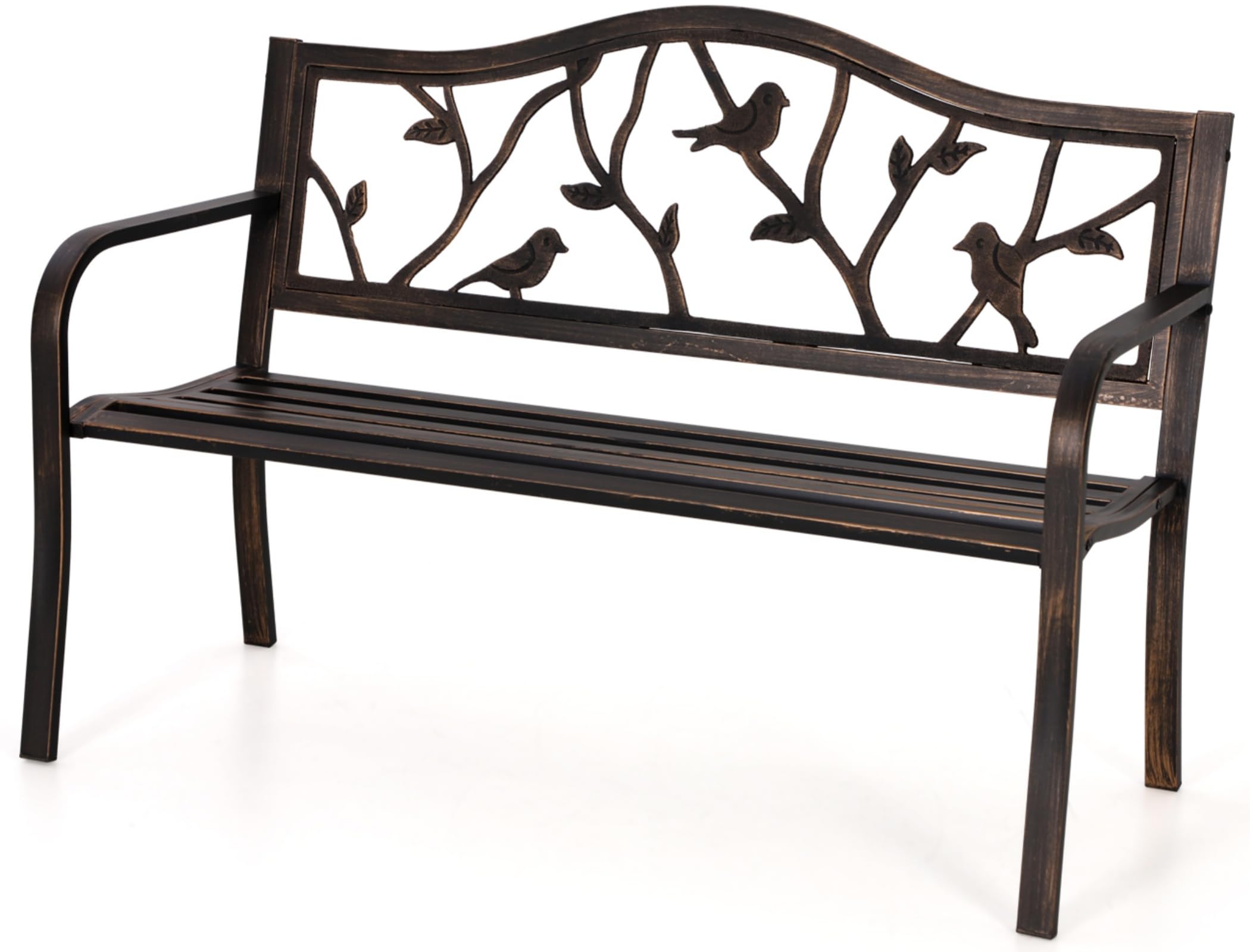 50 Inch Bronze Cast Iron Garden Bench with Floral Backrest