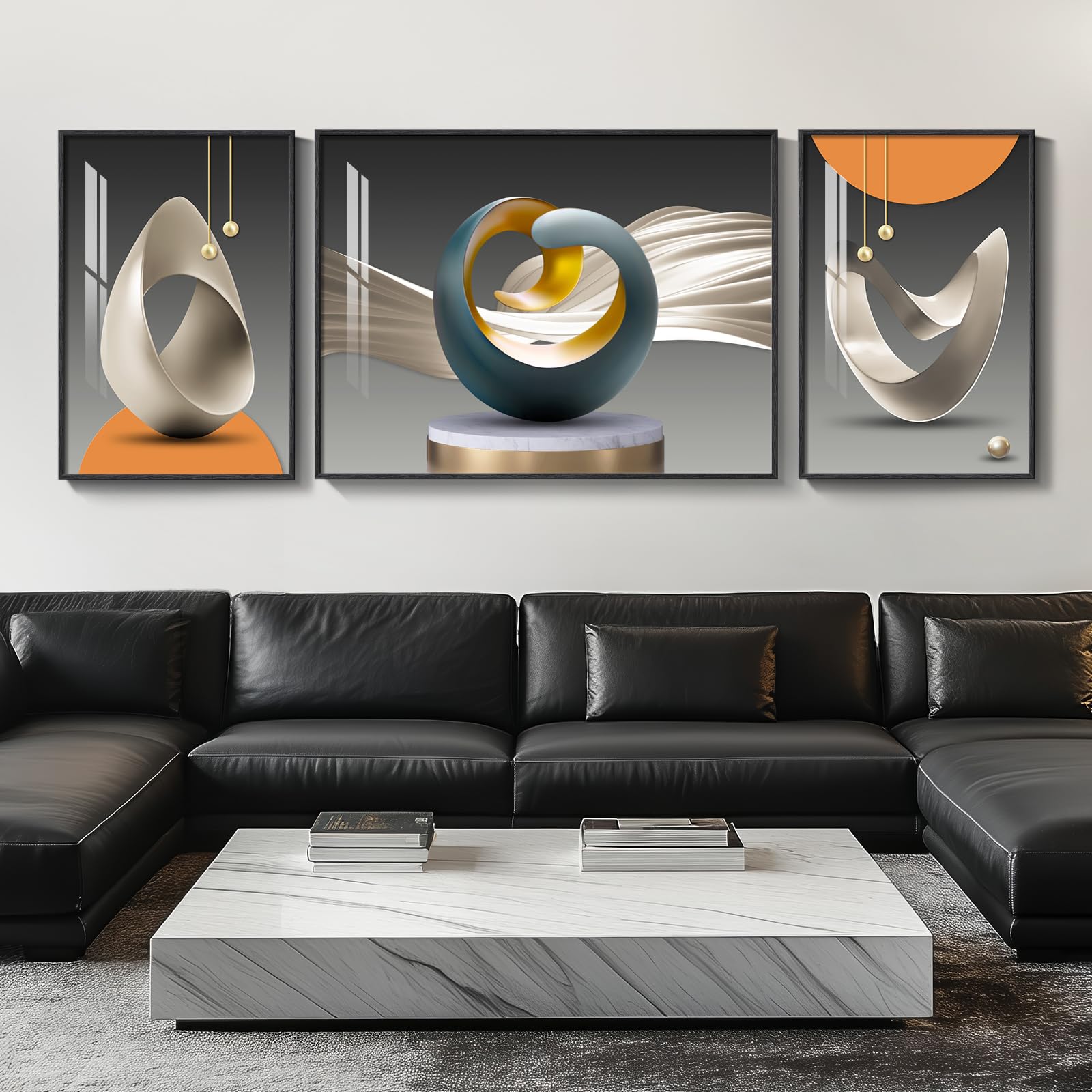 Large Framed Modern Luxury Gold Wall Art for Living Room, 3 Piece Bright Style Art Prints Paintings Artwork for Walls, Bronze Gold Geometric Pictures for Hallway Stair Office Wall Decor 24x36 In