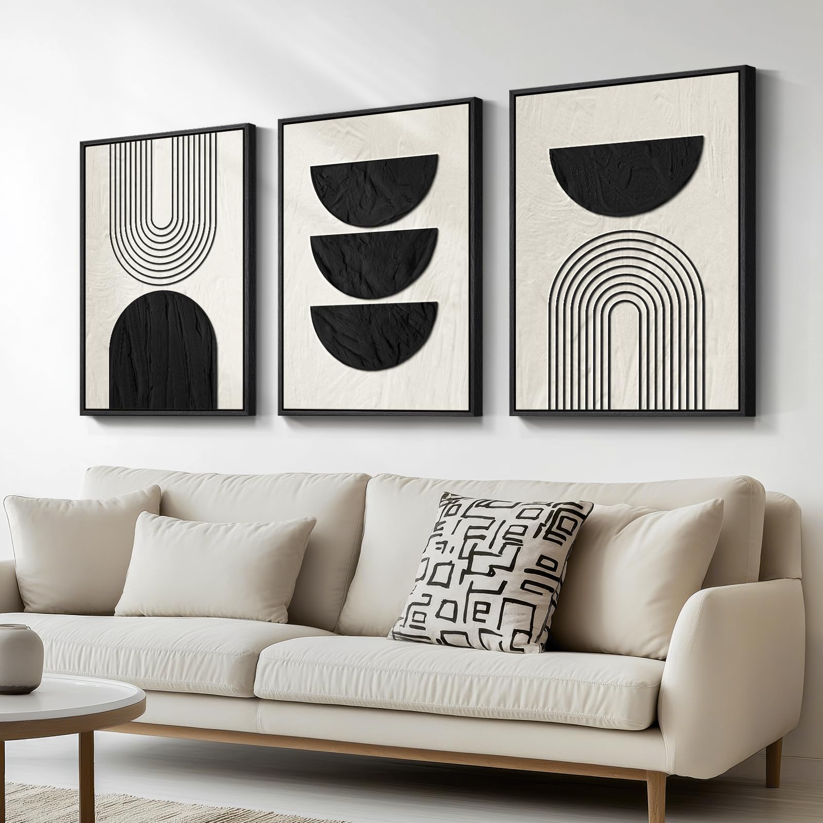 Framed Black and White Abstract Wall Art, 3 Piece Modern Canvas Prints Paintings Art for Walls, Minimalist Black White Abstract Pictures for Living Room Bedroom Dining Room Office Wall Decor 16x24 In