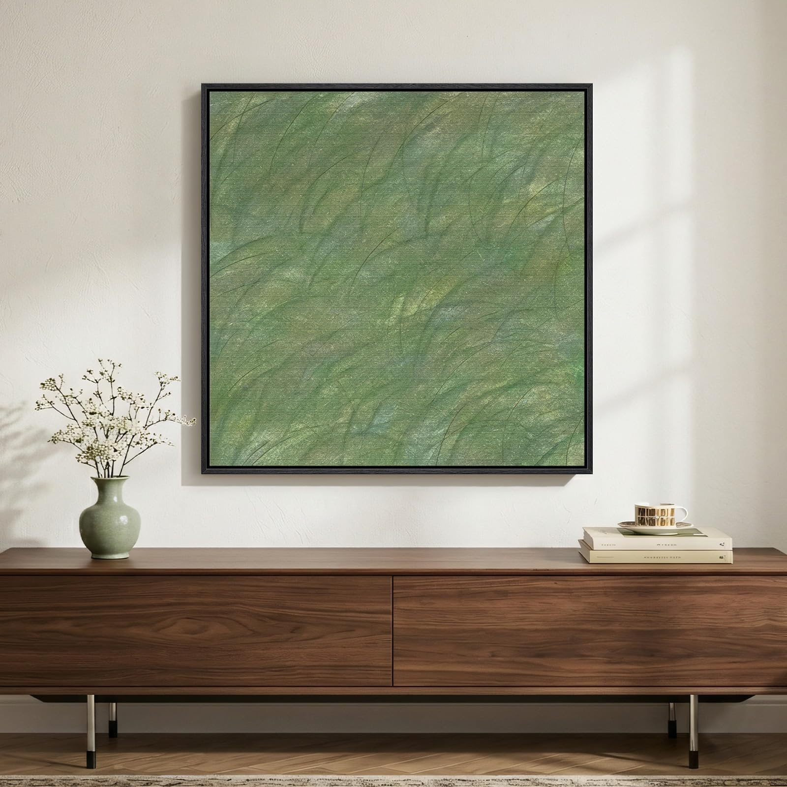 Framed Sage Green Abstract Wall Art, Modern Canvas Prints Artwork for Walls, Square Minimalist All Green Abstract Pictures for Living Room, Hallway, Fireplace, Bedroom, Home Office Wall Decor 30x30 In