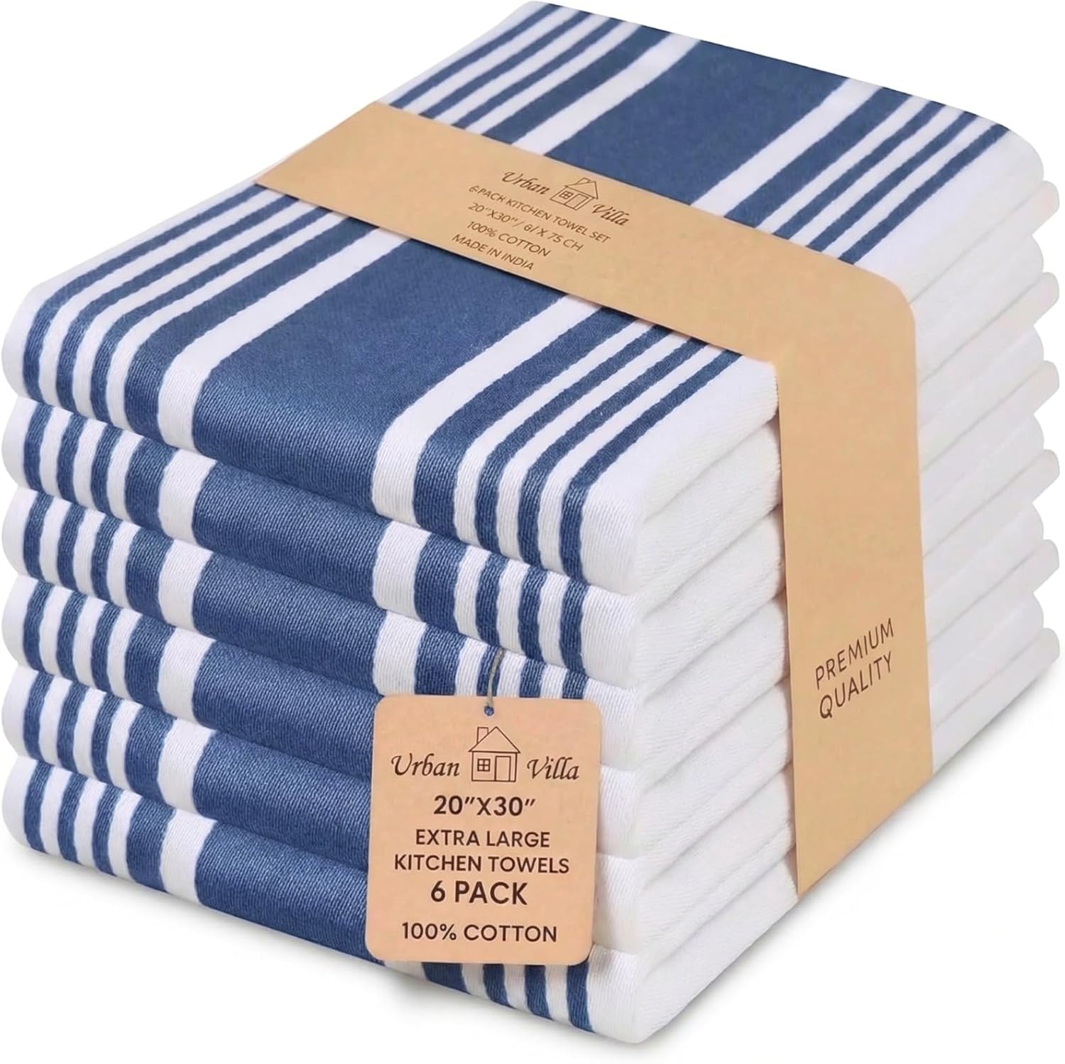 Urban Villa Kitchen Towels 100% Cotton Dish Towels for Kitchen (Set of 6) 20”x30” Dish Cloths Highly Absorbent Kitchen Linen Set with Hanging Loop Perfect for Drying Dishes Cleaning Towels-Blue White