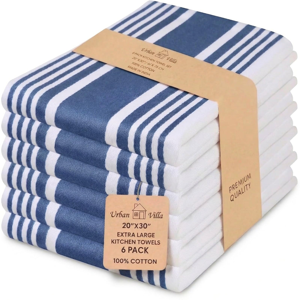 Urban Villa Kitchen Towels 100% Cotton Dish Towels for Kitchen (Set of 6) 20”x30” Dish Cloths Highly Absorbent Kitchen Linen Set with Hanging Loop Perfect for Drying Dishes Cleaning Towels-Blue White