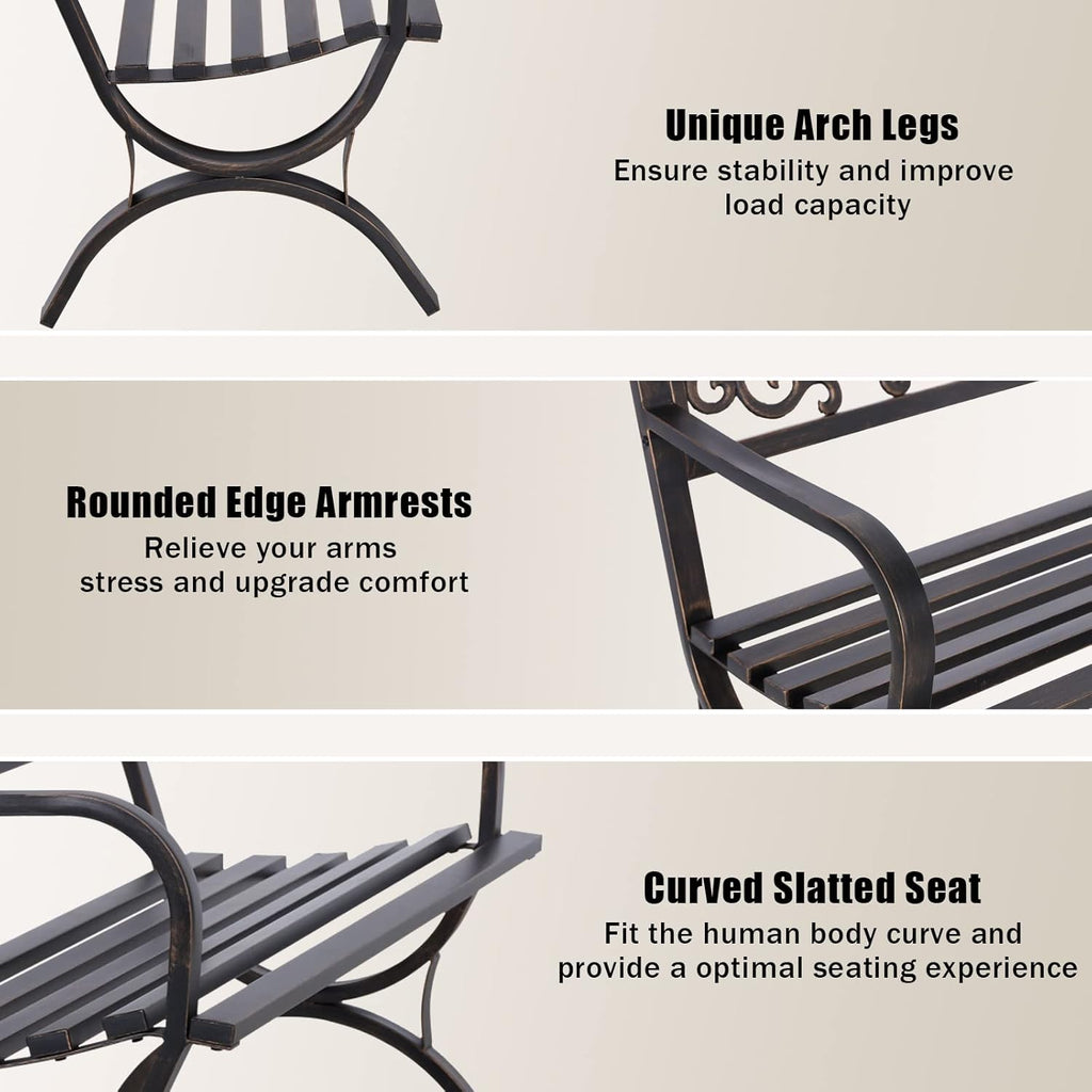 50 Inch Bronze Cast Iron Garden Bench with Floral Backrest