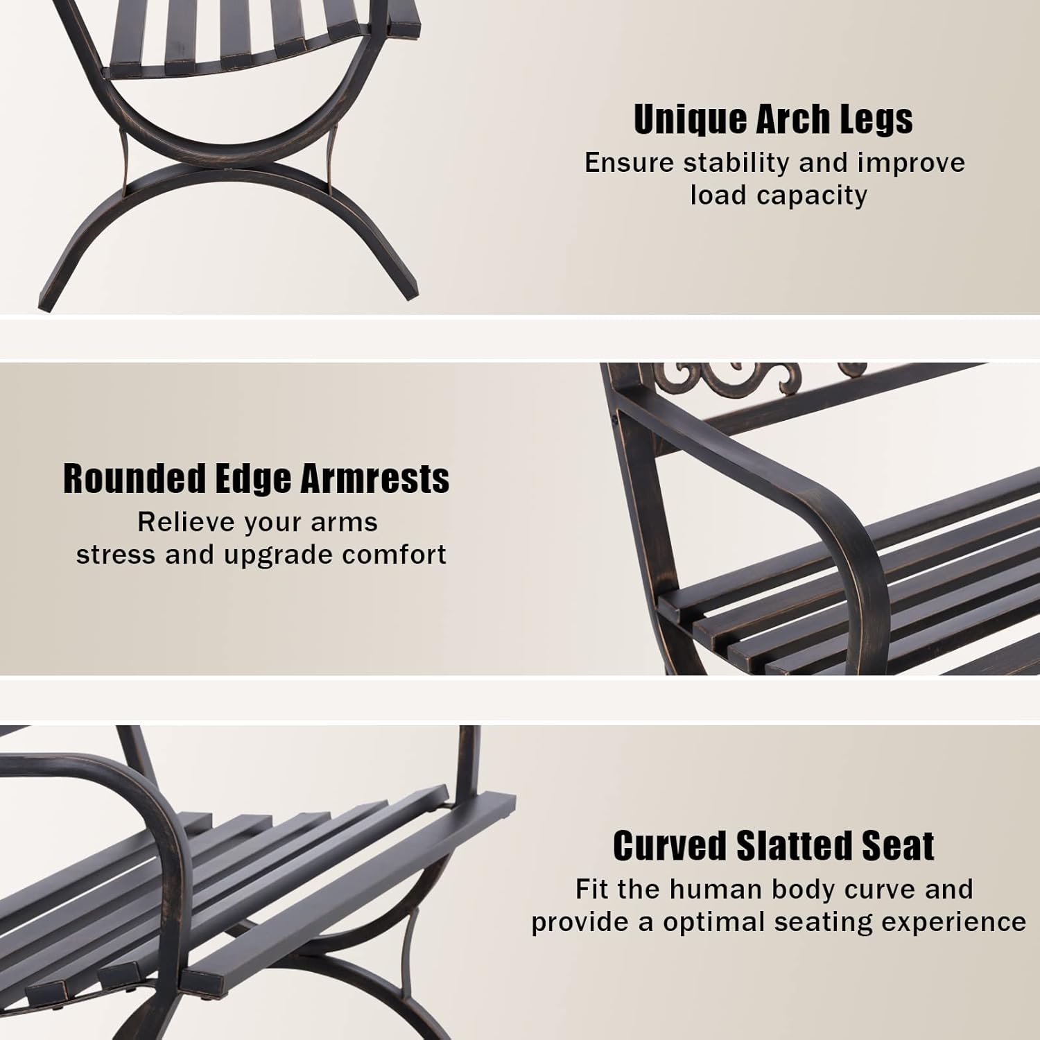 50 Inch Bronze Cast Iron Garden Bench with Floral Backrest