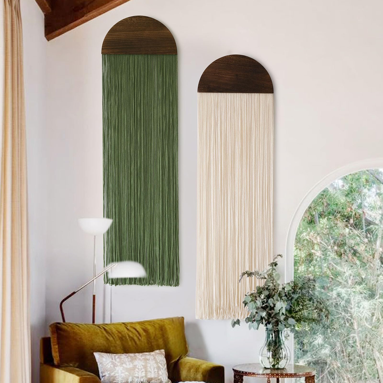 2Pcs Boho Macrame Wall Hanging Tapestry with Round Tassel