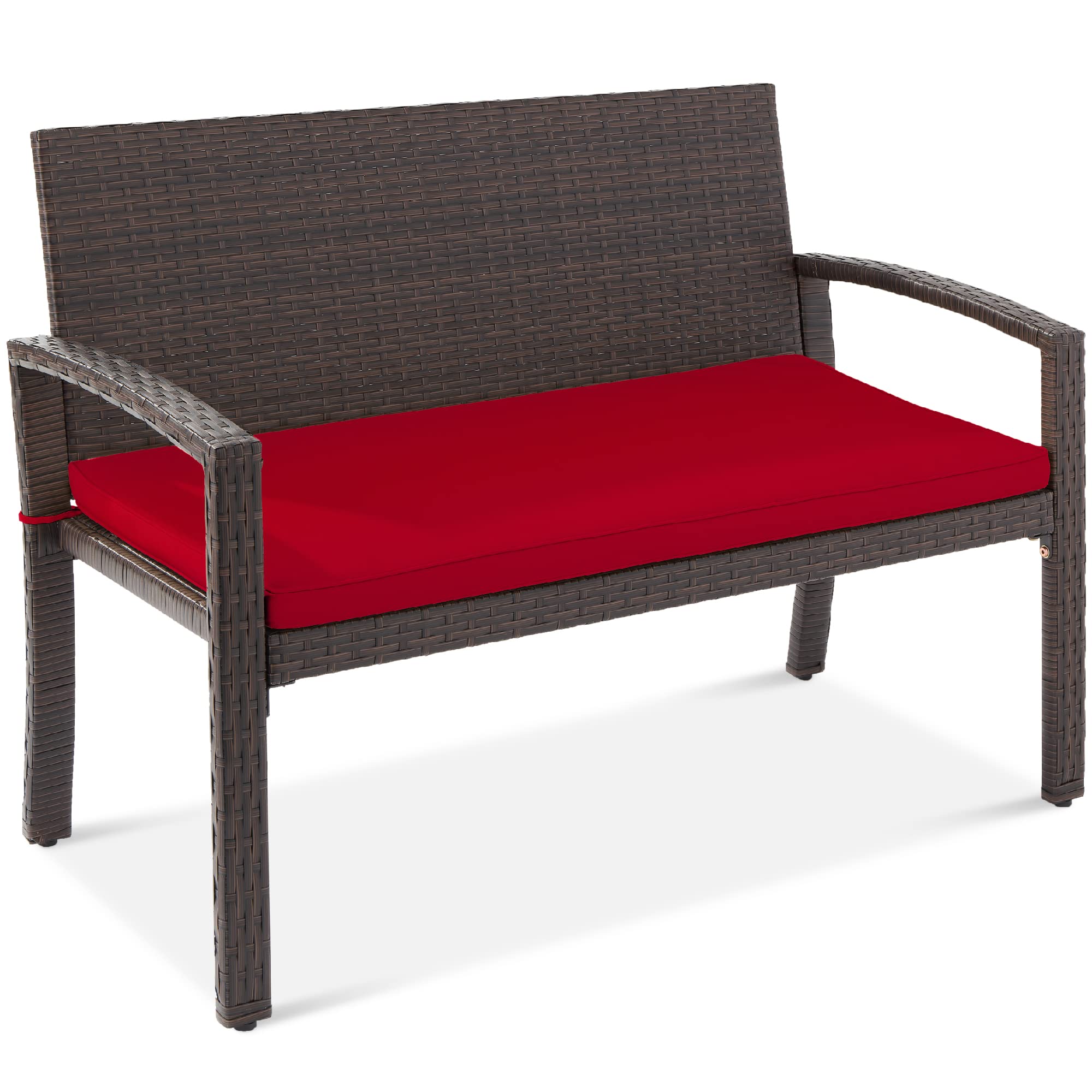 Best Choice Products Outdoor Bench 2-Person Wicker Garden Patio Benches Seating Furniture for Backyard, Porch w/Seat Cushion, 700lb Capacity - Brown/Tan