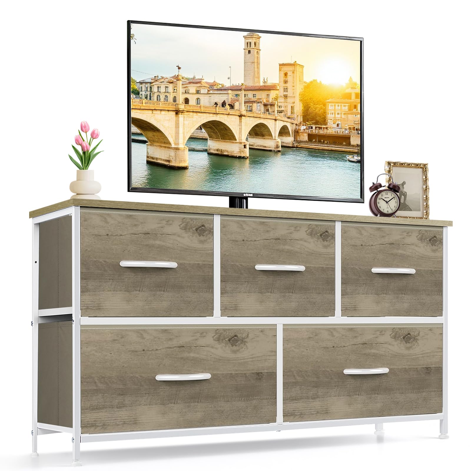 9-Drawer Dresser for Bedroom, Anti-Tip Tall Storage Organizer Chest of Drawers with Wooden Top and Metal Frame Fabric Bins for Closet, Living Room, Hallway, Entryway, White