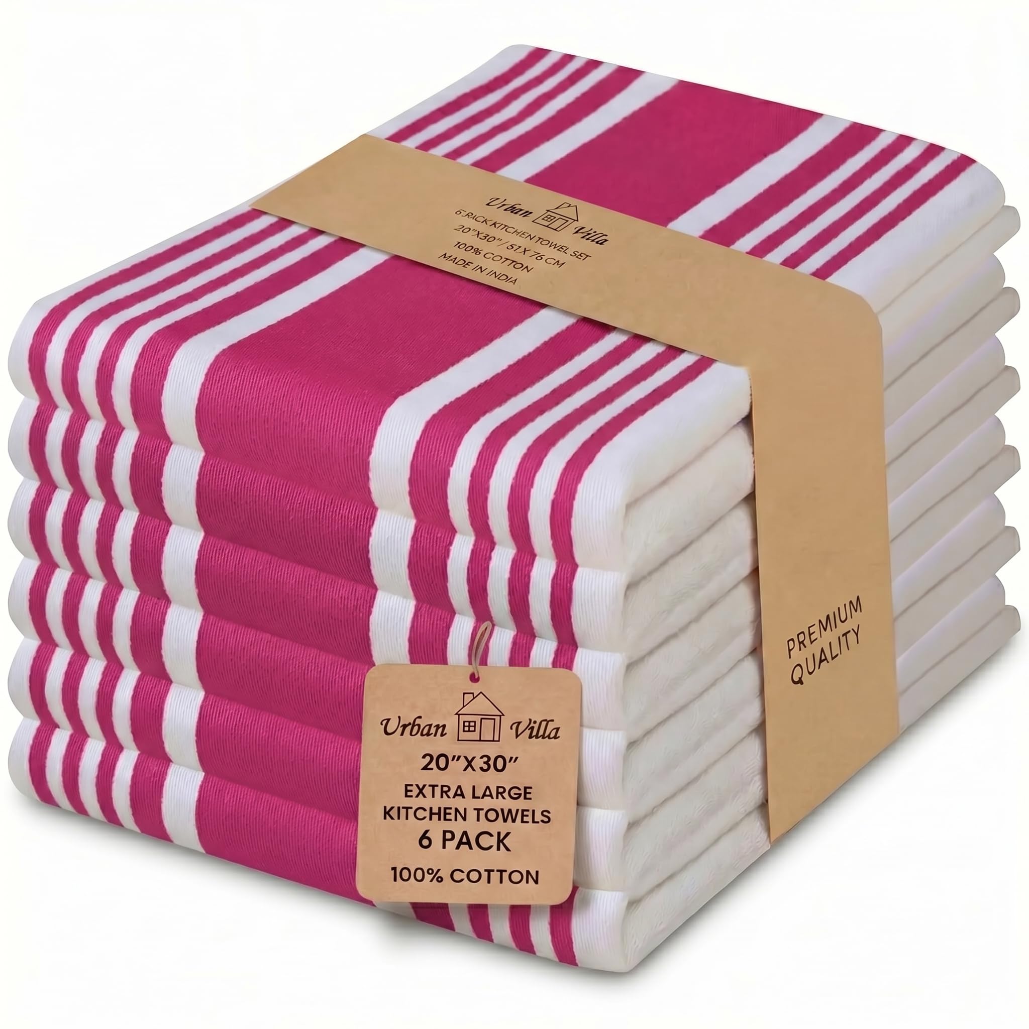 Urban Villa Kitchen Towels 100% Cotton Dish Towels for Kitchen (Set of 6) 20”x30” Dish Cloths Highly Absorbent Kitchen Linen Set with Hanging Loop Perfect for Drying Dishes Cleaning Towels-Blue White