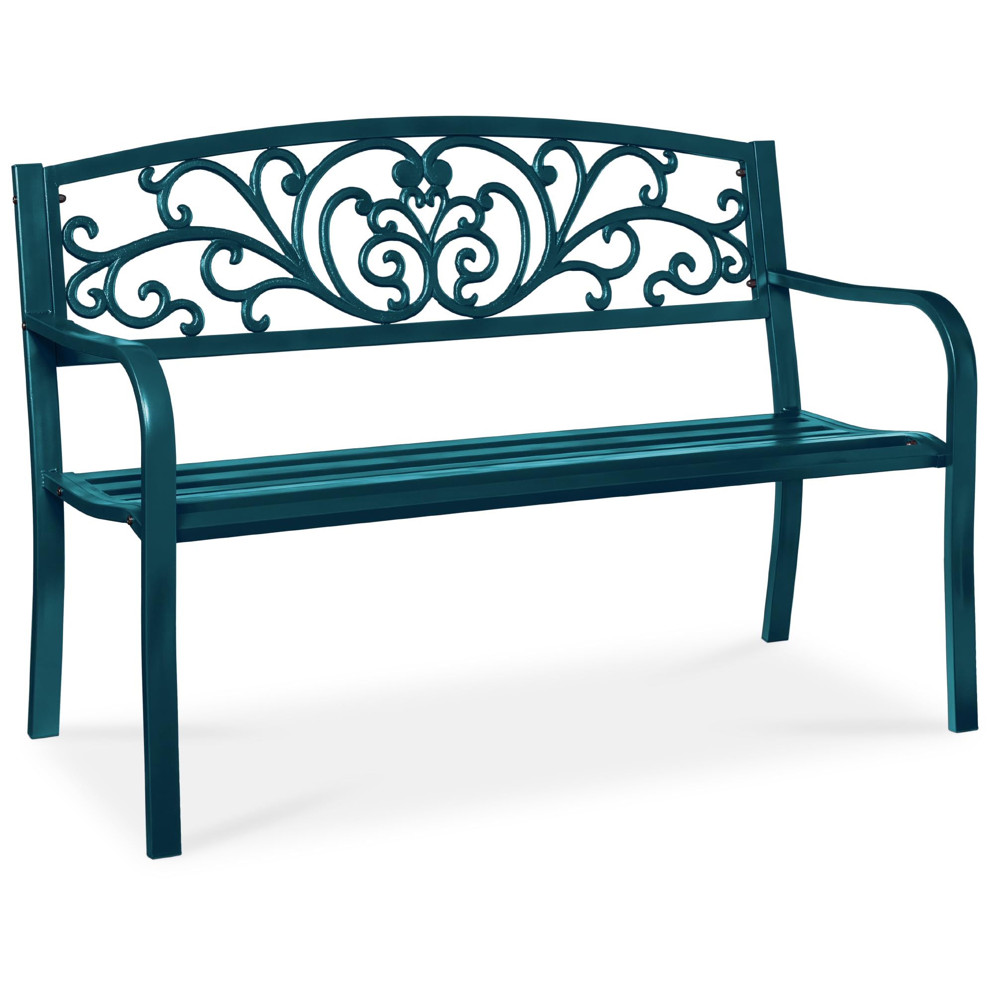 Best Choice Products Outdoor Bench Steel Garden Patio Porch Furniture for Lawn, Park, Deck w/Floral Design Backrest, Slatted Seat - Sky Blue