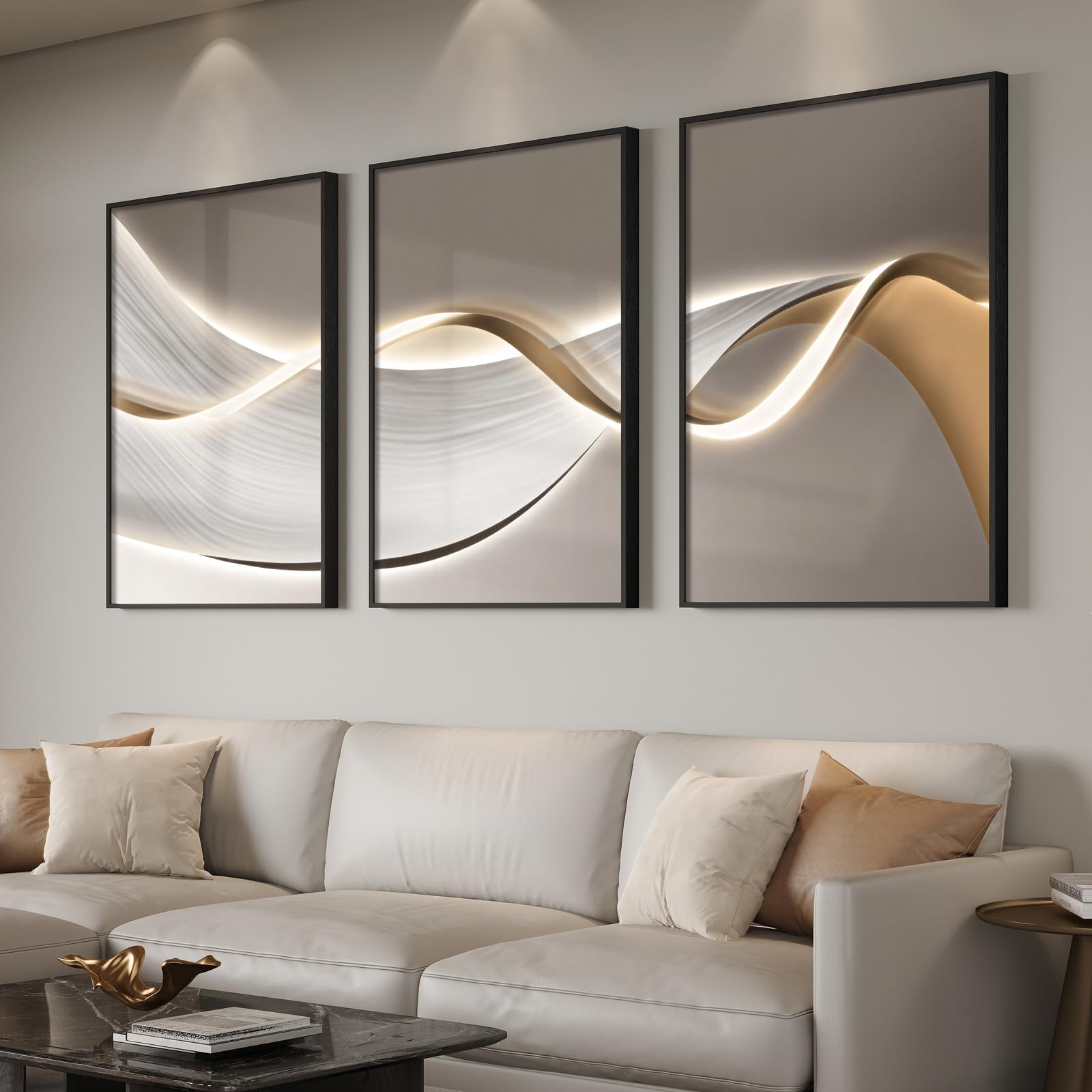 Large Framed Modern Luxury Gold Wall Art for Living Room, 3 Piece Bright Style Art Prints Paintings Artwork for Walls, Bronze Gold Geometric Pictures for Hallway Stair Office Wall Decor 24x36 In