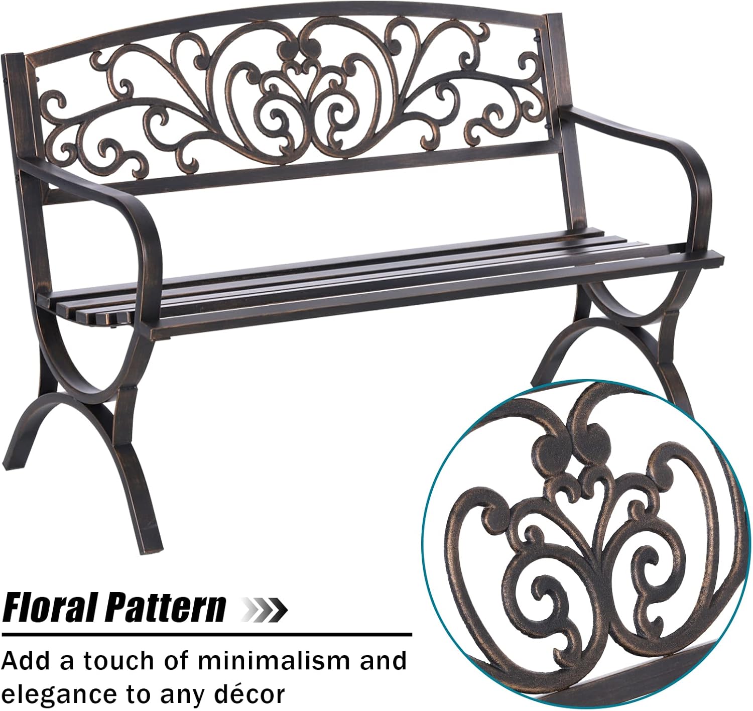 50 Inch Bronze Cast Iron Garden Bench with Floral Backrest