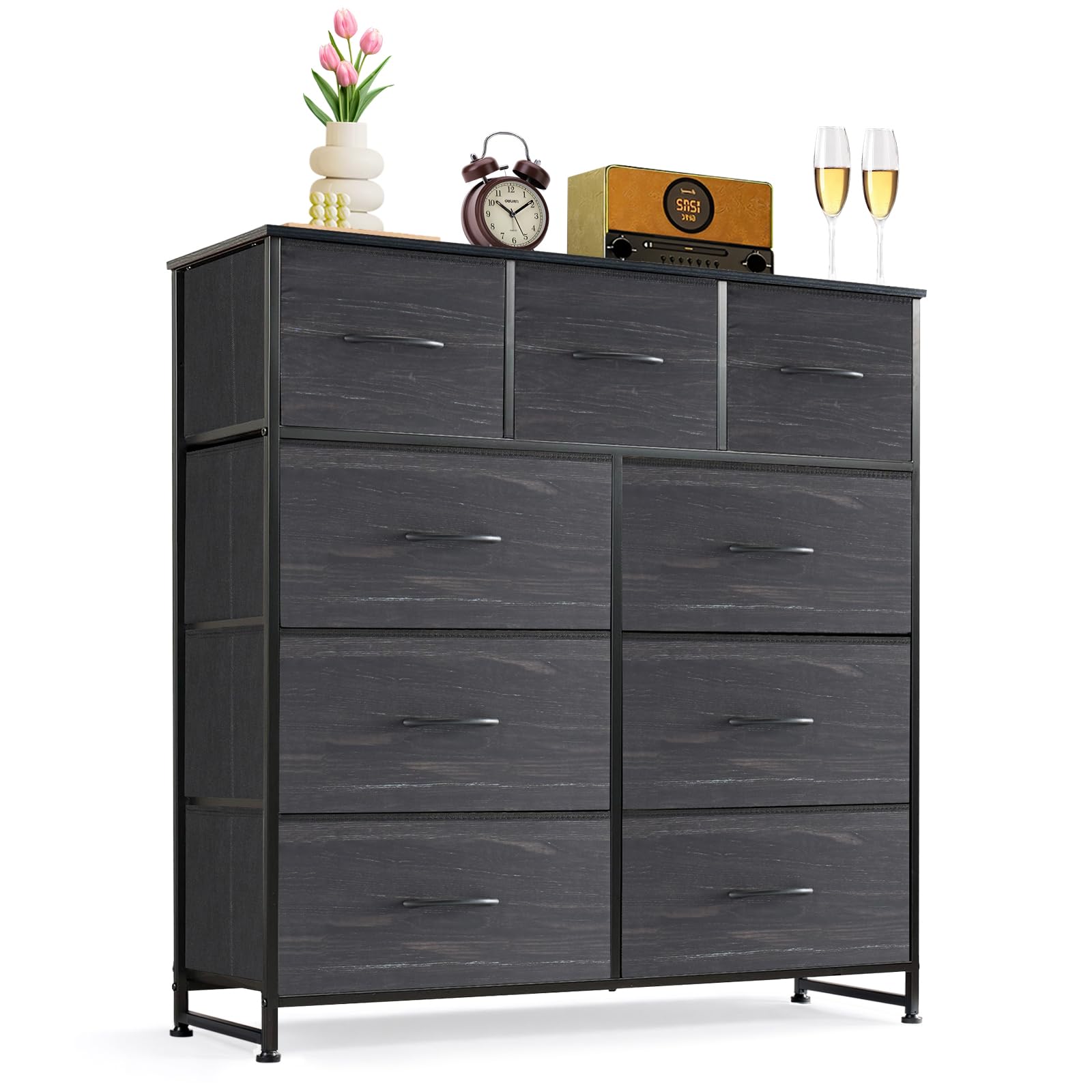 9-Drawer Dresser for Bedroom, Anti-Tip Tall Storage Organizer Chest of Drawers with Wooden Top and Metal Frame Fabric Bins for Closet, Living Room, Hallway, Entryway, White
