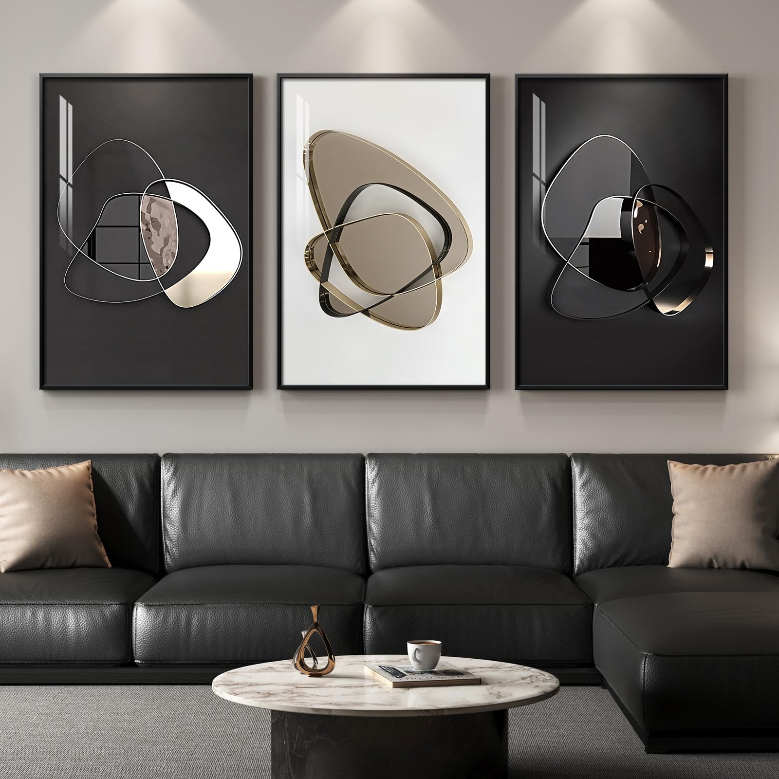 Large Framed Modern Luxury Gold Wall Art for Living Room, 3 Piece Bright Style Art Prints Paintings Artwork for Walls, Bronze Gold Geometric Pictures for Hallway Stair Office Wall Decor 24x36 In