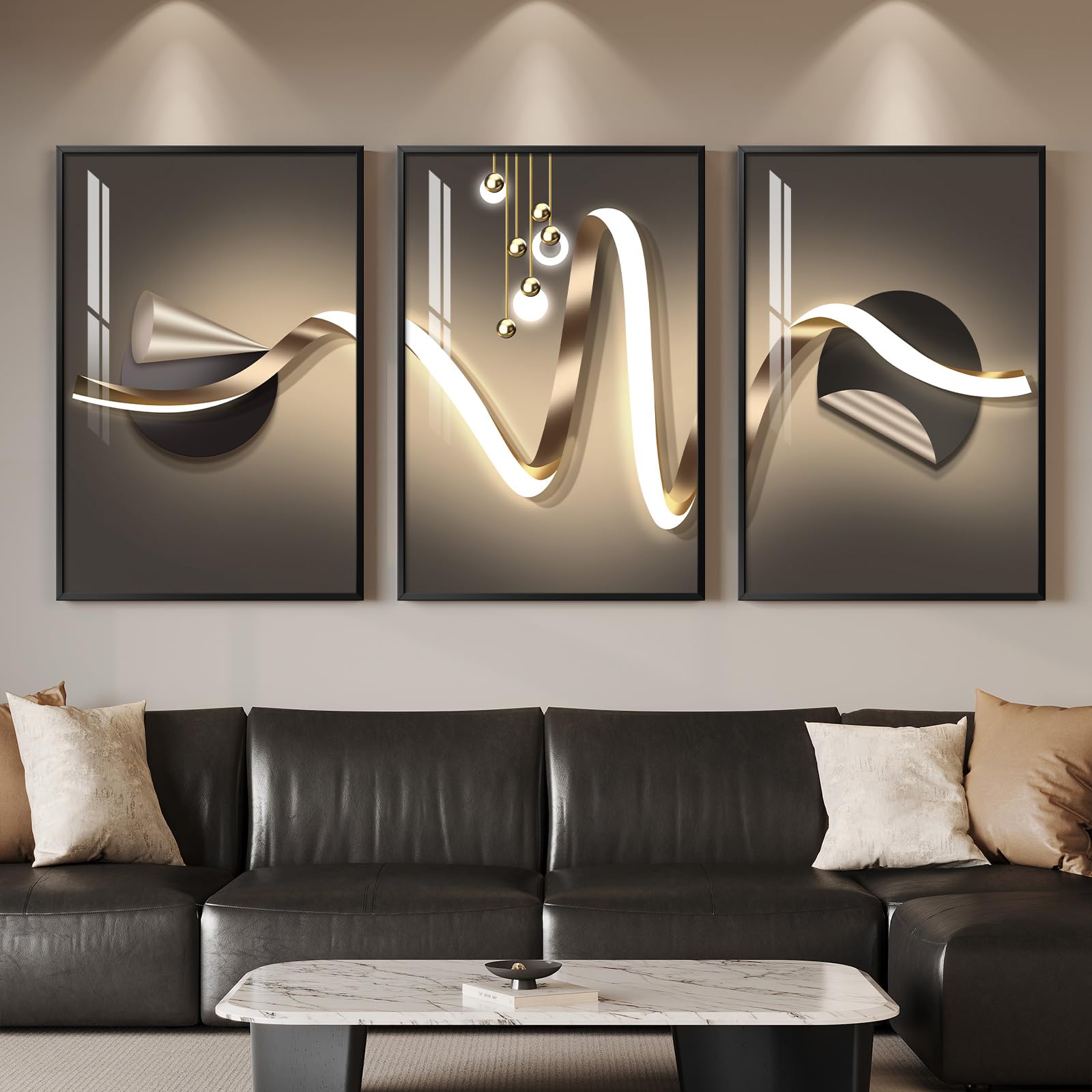 Large Framed Modern Luxury Gold Wall Art for Living Room, 3 Piece Bright Style Art Prints Paintings Artwork for Walls, Bronze Gold Geometric Pictures for Hallway Stair Office Wall Decor 24x36 In