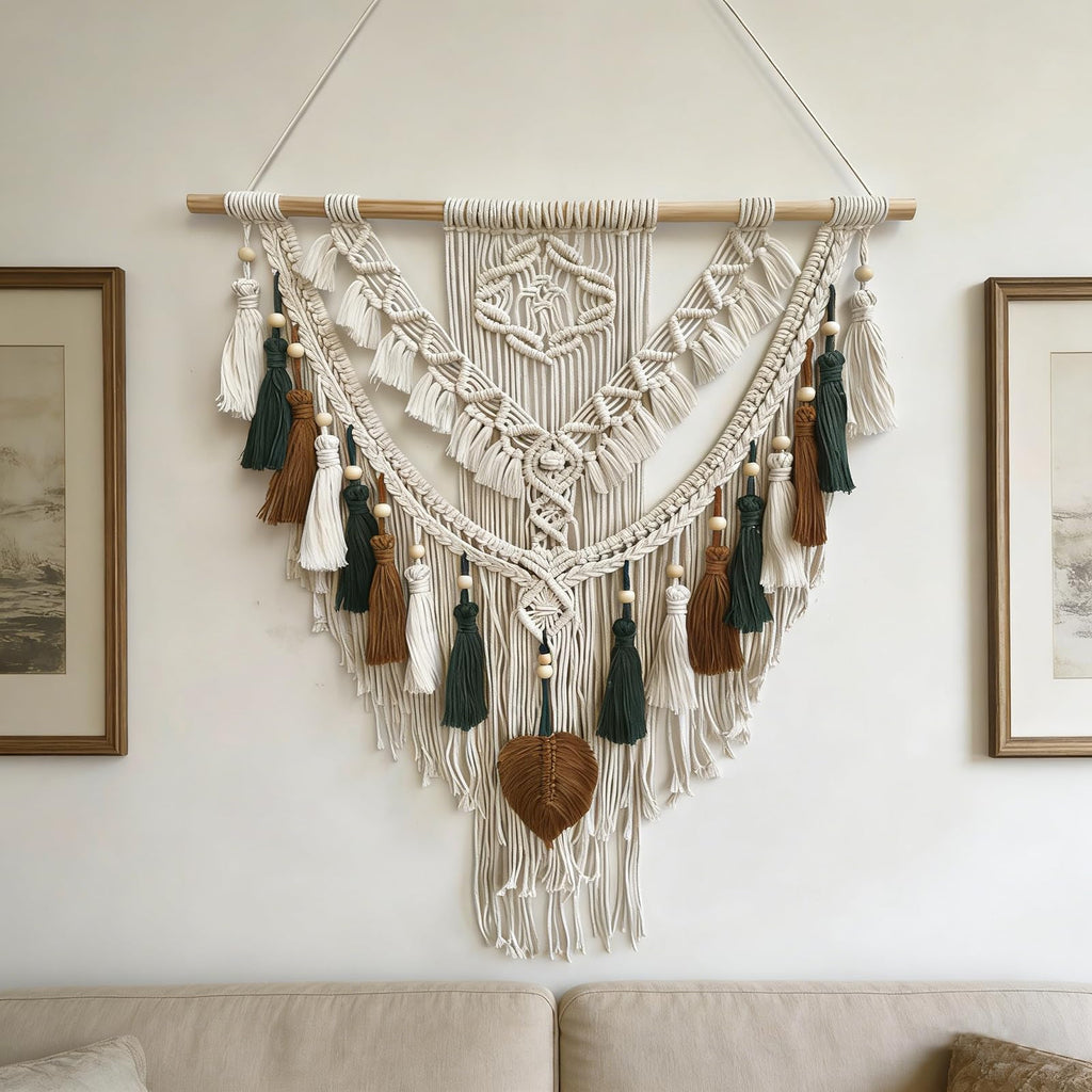 Lokeisna Macrame Wall Hanging, Woven Tapestry Beige & Dusty Rose Handmade Craft Macrame Wall Decor, Gallery & Nursery, Size 37.4” Lx27.5” W