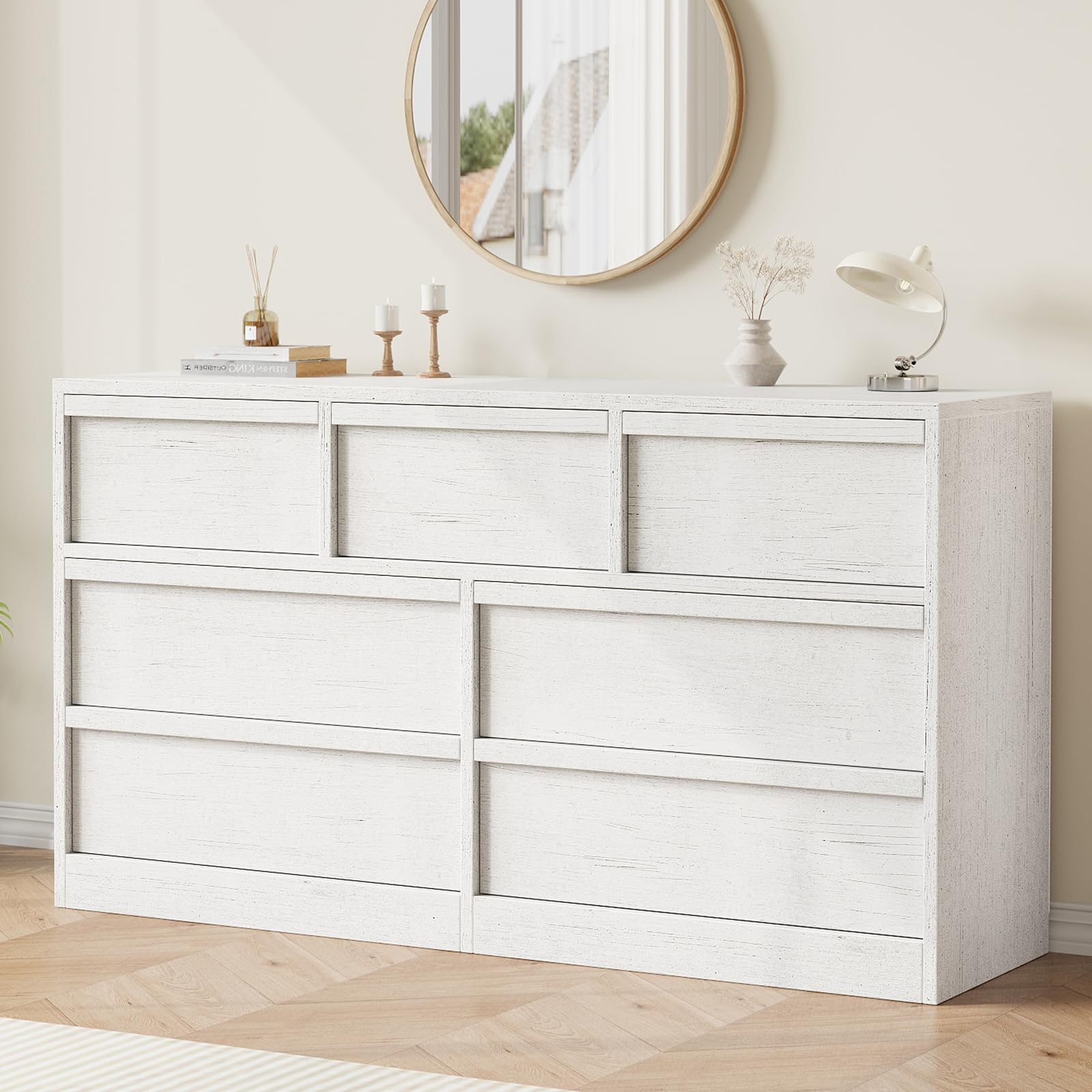 GarveeHome 7 Drawer Dresser for Bedroom, 54in Wide Natural Oak 7 Chest of Drawers with Large Storage, Wooden Dresser Organizer Closet for Living Room, Entryway, Nursery