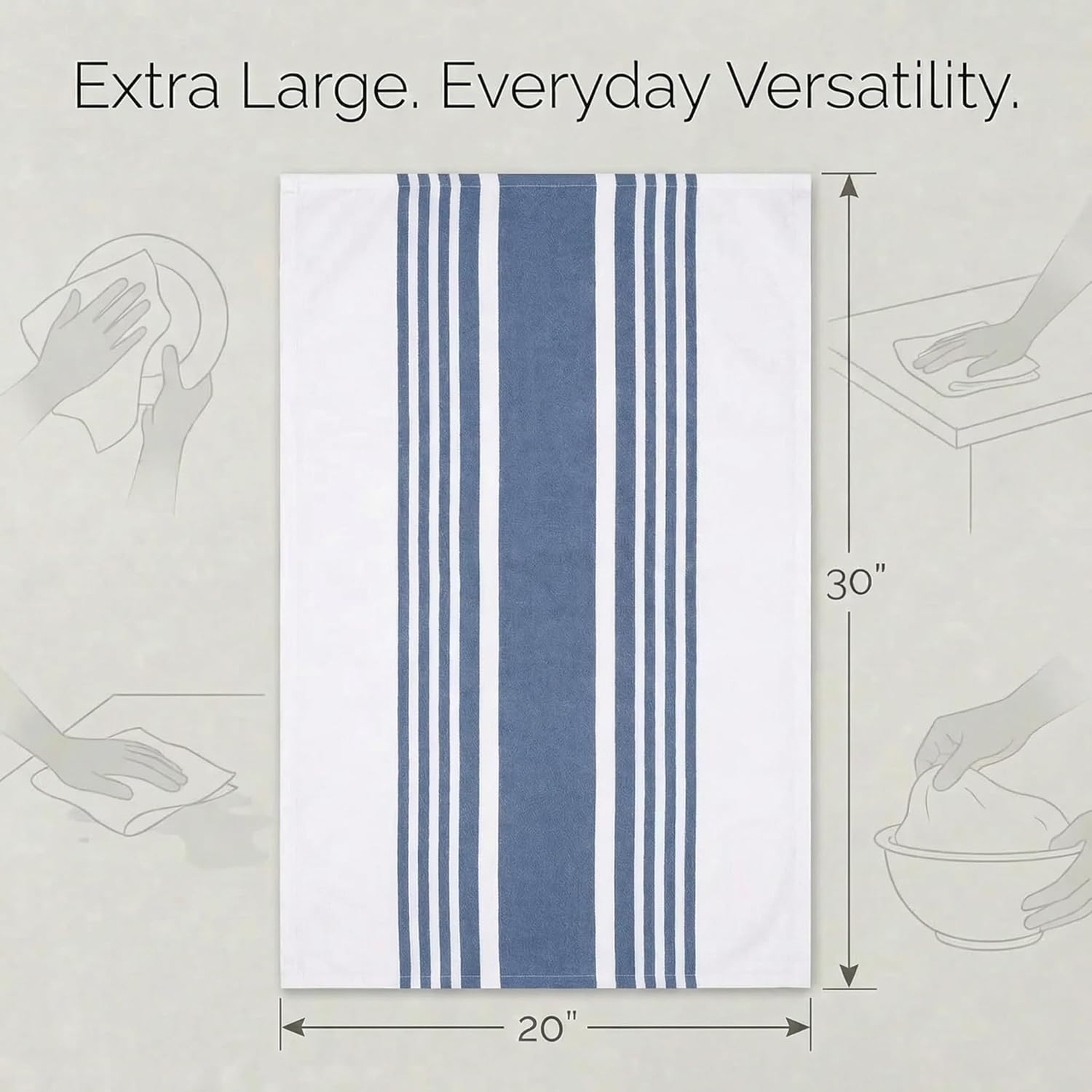 Urban Villa Kitchen Towels 100% Cotton Dish Towels for Kitchen (Set of 6) 20”x30” Dish Cloths Highly Absorbent Kitchen Linen Set with Hanging Loop Perfect for Drying Dishes Cleaning Towels-Blue White