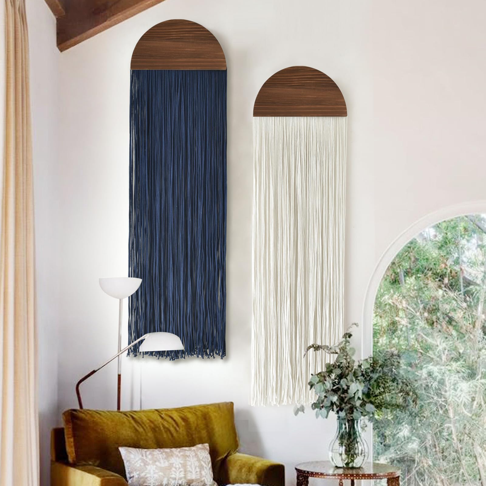 2Pcs Boho Macrame Wall Hanging Tapestry with Round Tassel