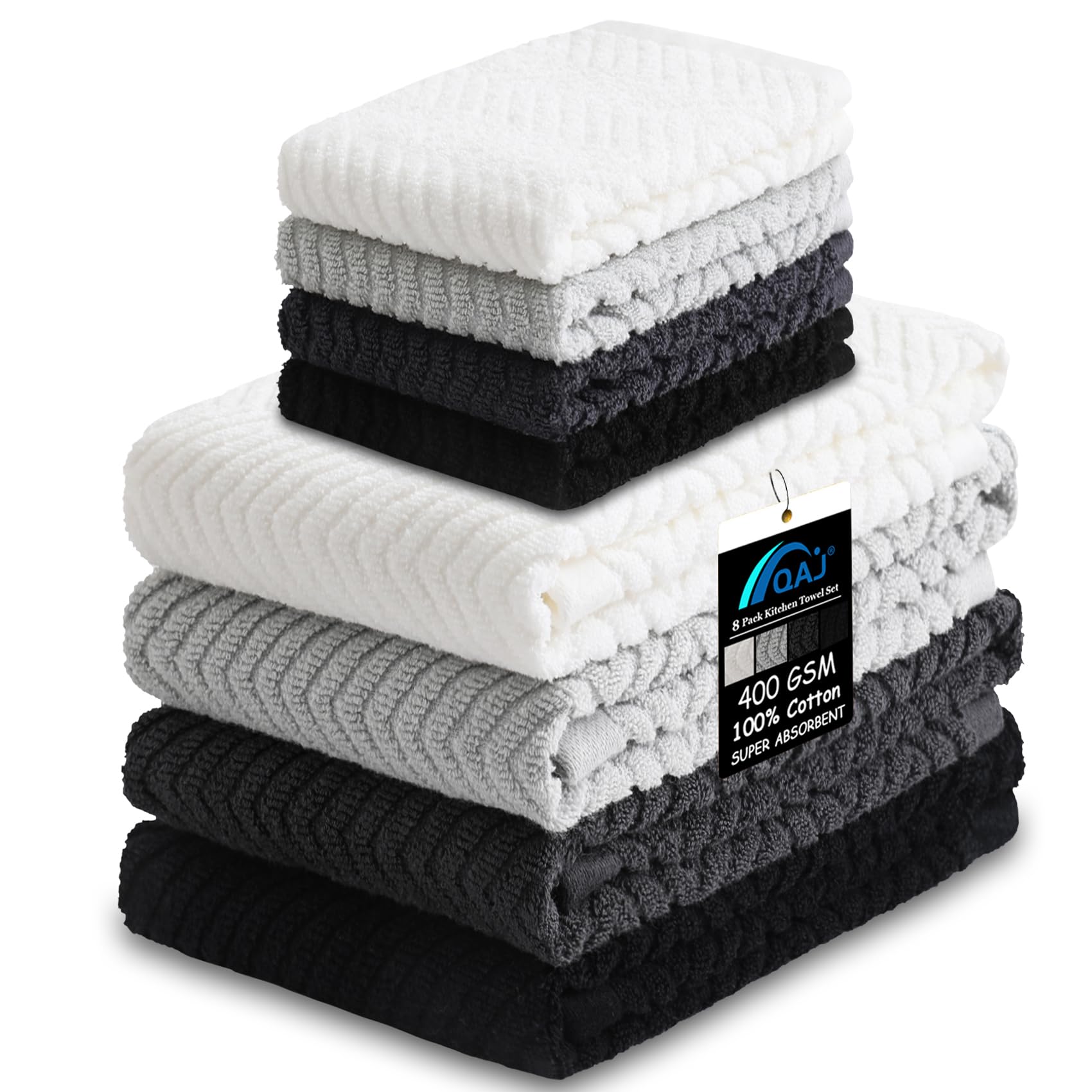 100% Cotton Kitchen Towels and Dishcloths Set, Pack of 8 Super Absorbent 16" x 25" Kitchen Towels and 13" x 13" Dish Cloths (400 GSM)